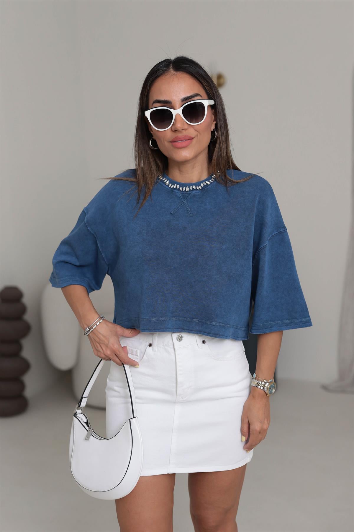 7090 Yaka Taşlı Pamuklu Kısa Tshirt Indigo