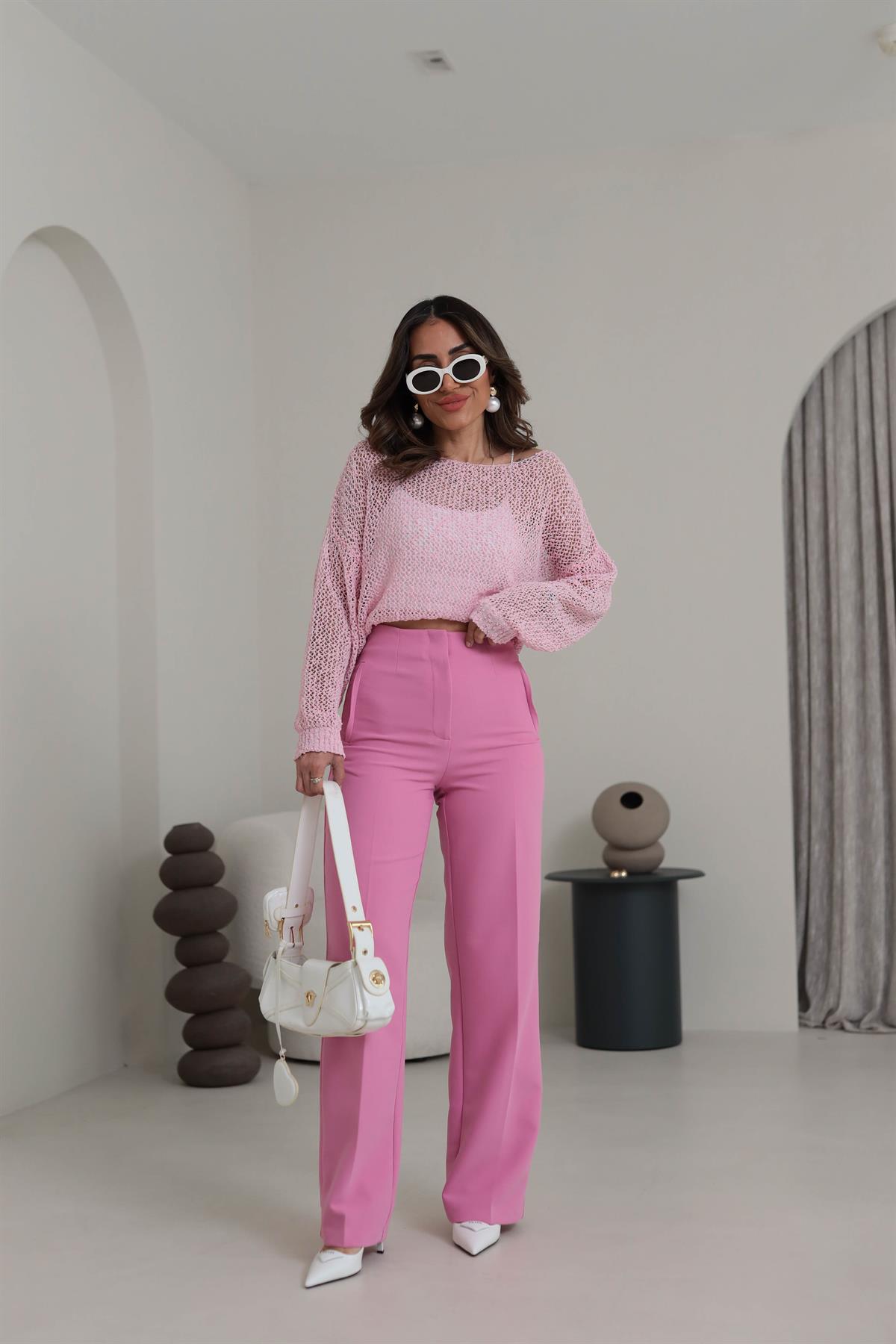 2001 Pensli Yüksek Bel Palazzo Pantolon PEMBE