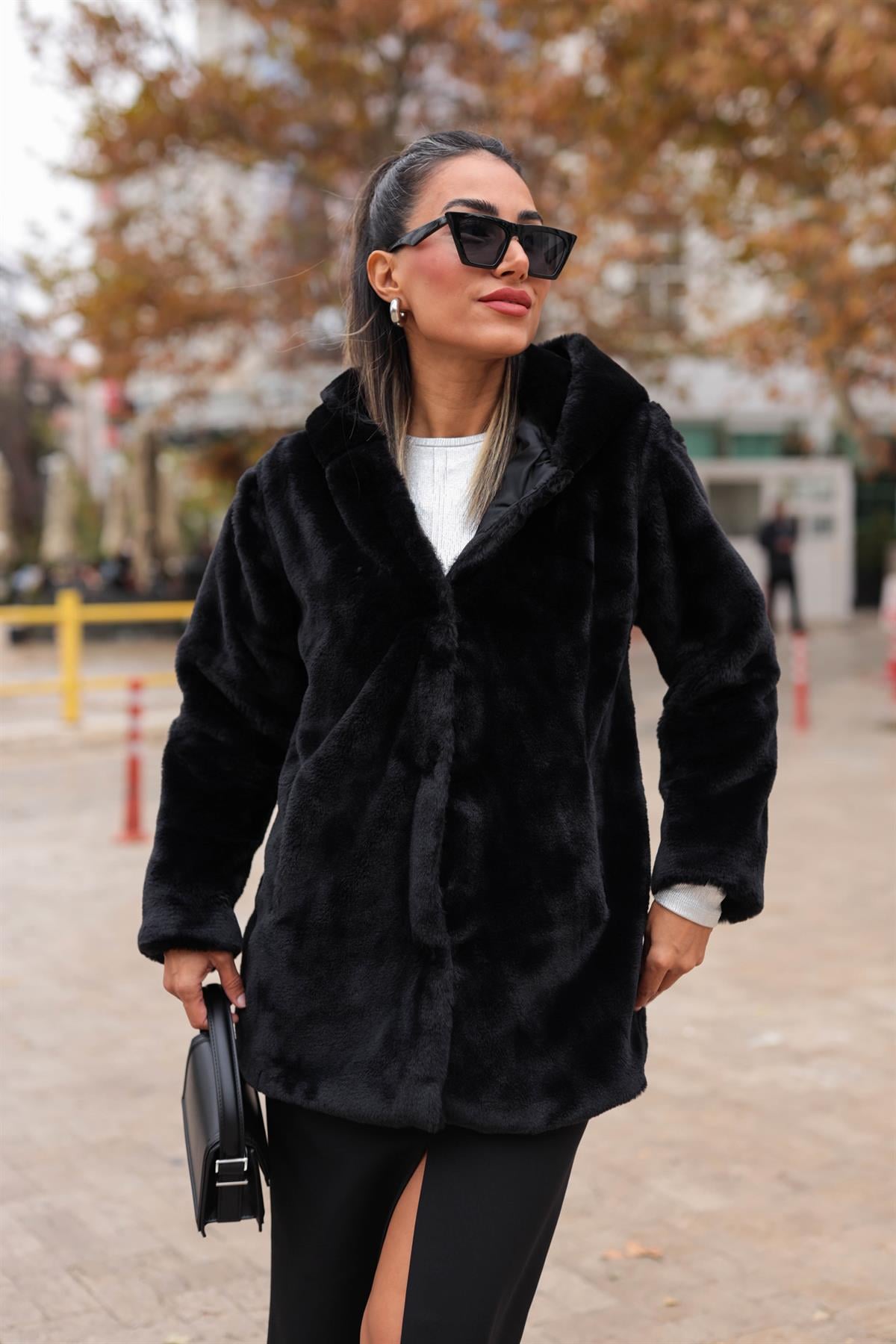 Kapşonlu Uzun Suni Kürk SİYAH