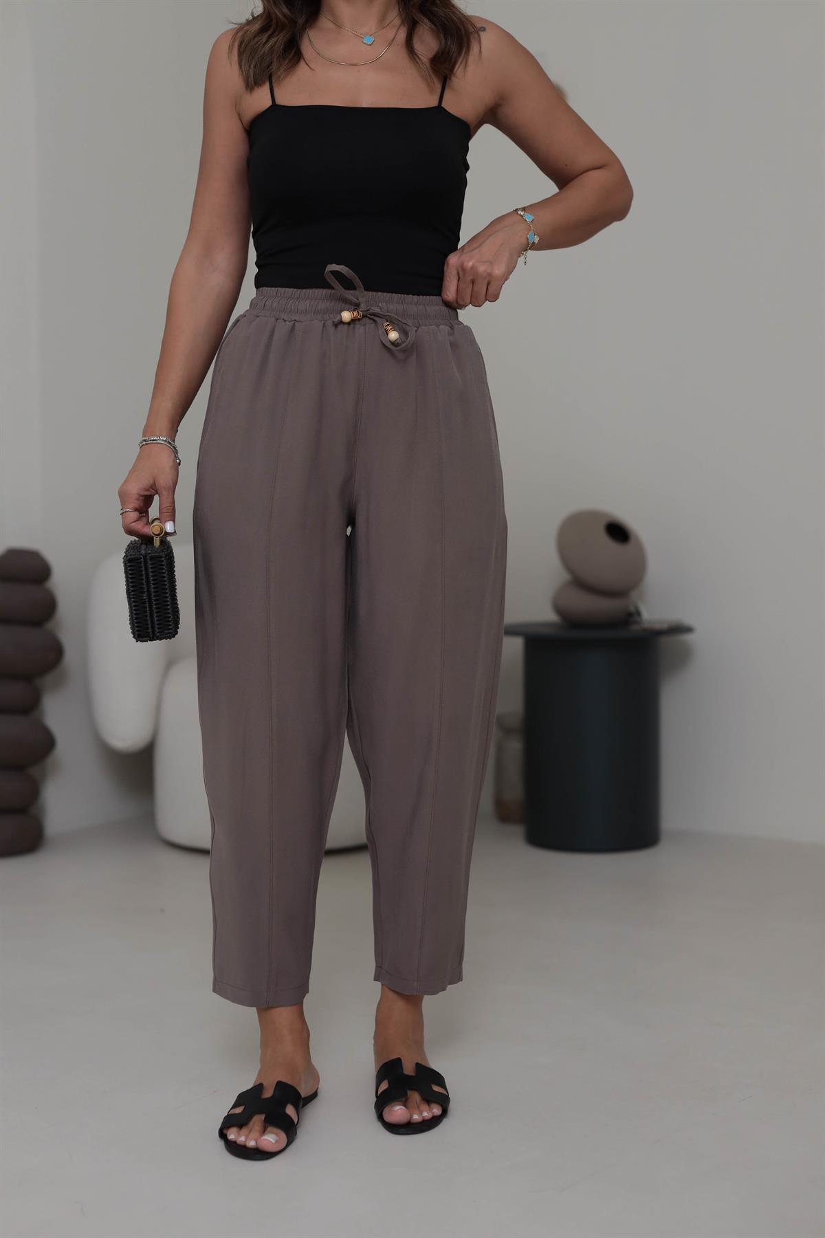 6703 Bel Lastikli Tencel Dokulu Boncuklu Pantolon KAHVE