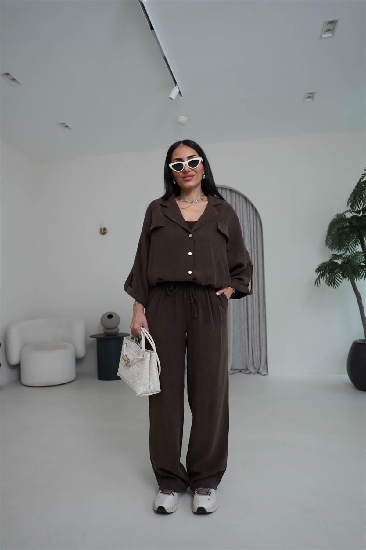 T0666 Tasarım Gabardin Tencel Takım KAHVE