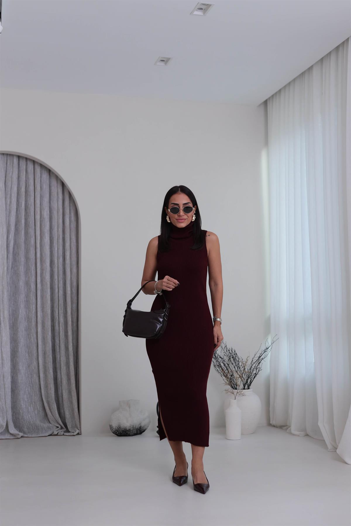 0117 Balıkçı Yaka Sıfır Kol Elbiseli Hırkalı Takım BORDO