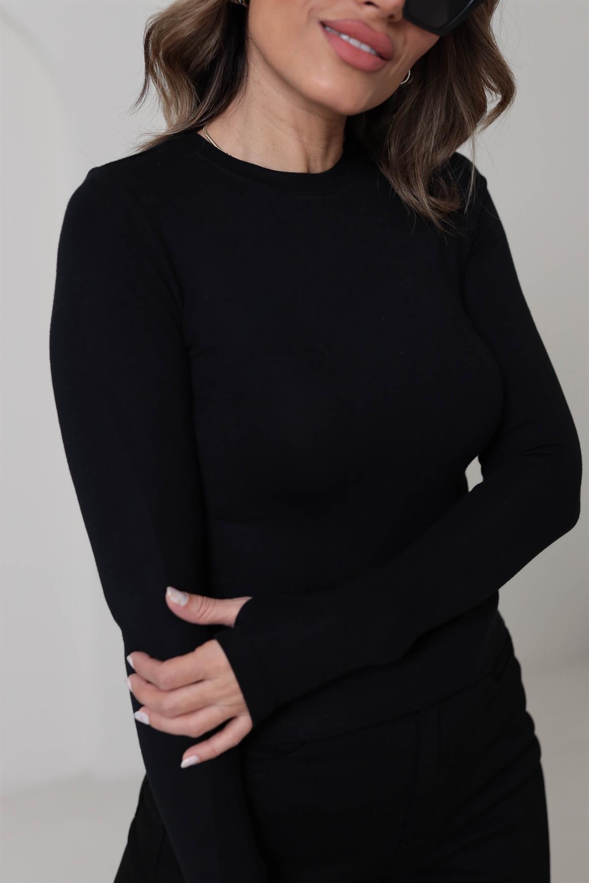 5068 Yumuşak Doku Parmak Geçmeli Bluz SİYAH