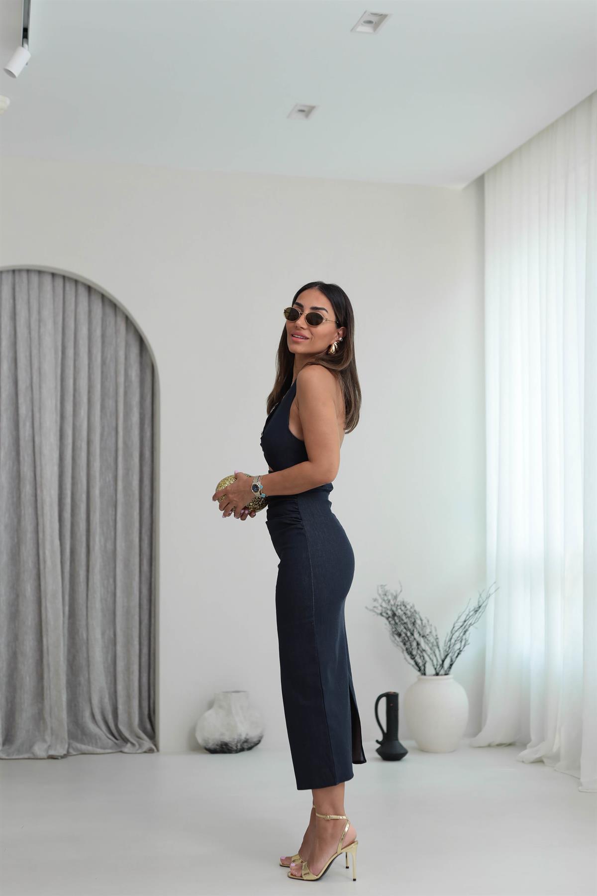 8217 Boyundan Geçmeli Gold Aksesuarlı Elbise LACİVERT