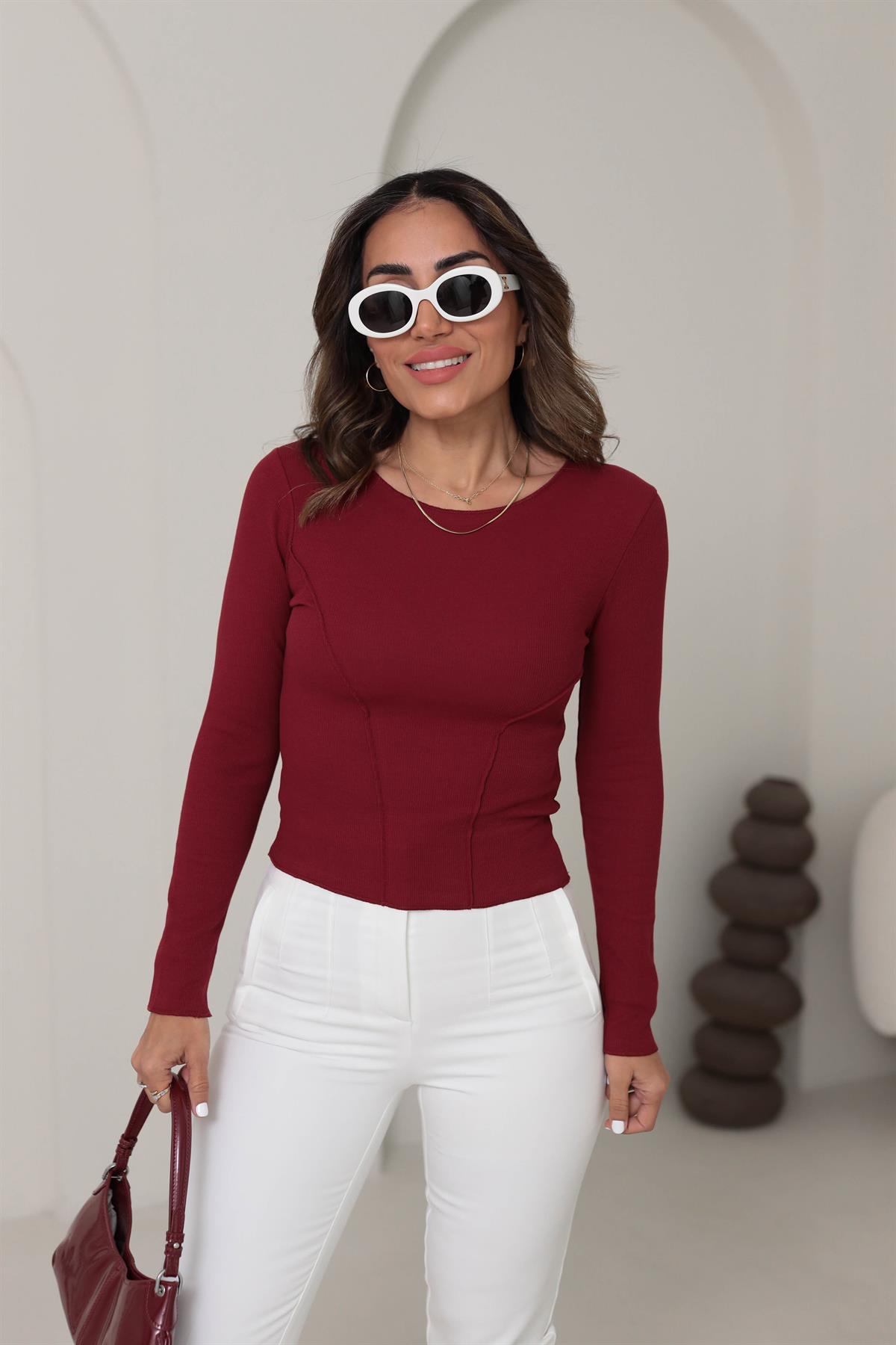 4982 Önü Dikiş Detaylı Pamuklu Bluz BORDO