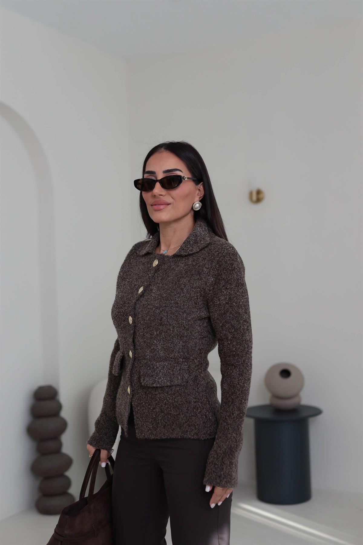 0265 Polo Yaka Düğmeli Cep Detaylı Triko Hırka KAHVE