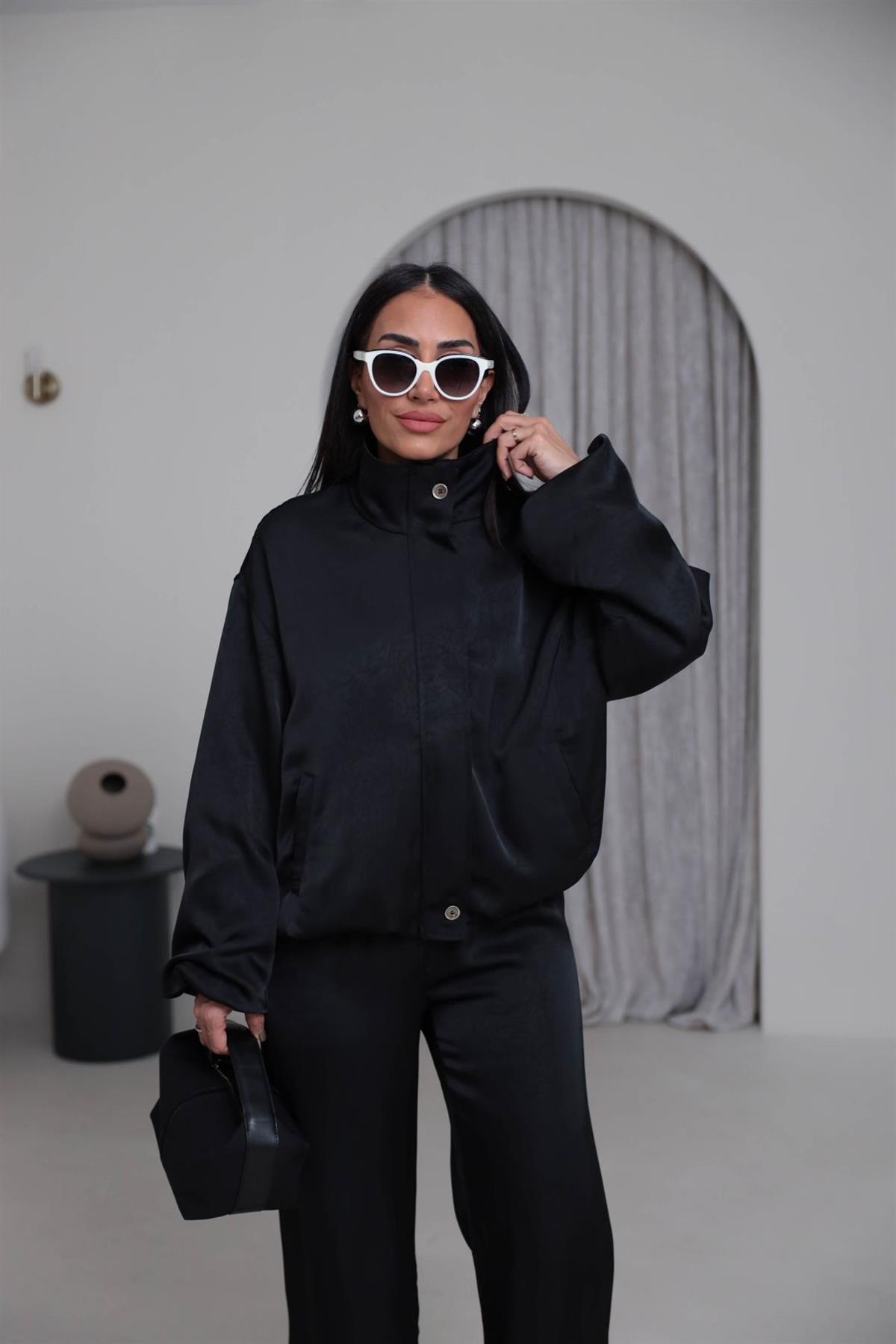 6800 Önden Fermuarlı Bomber Saten Takım SİYAH