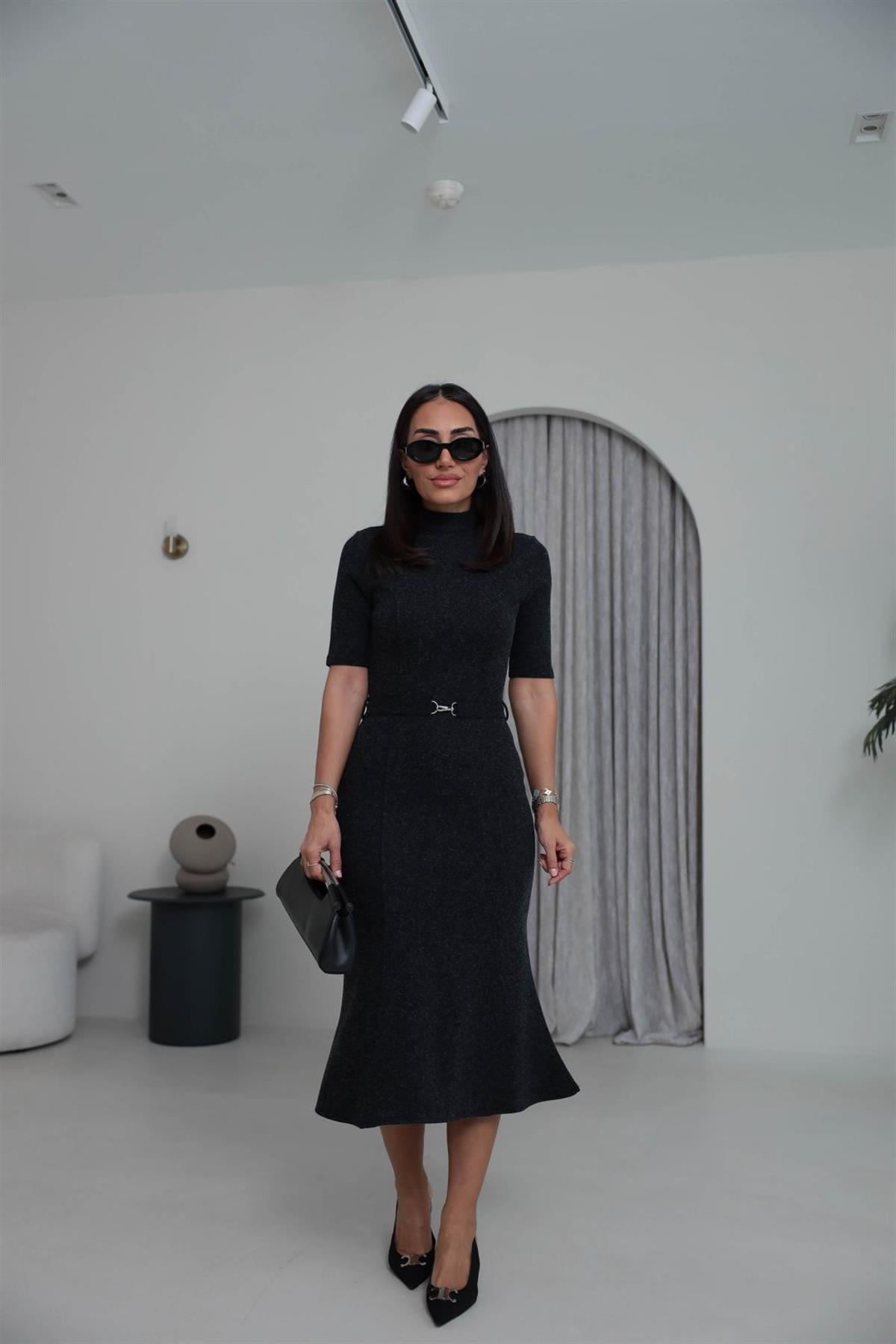 7297 Kemerli Yumuşak Dokulu Elbise ANTRASİT