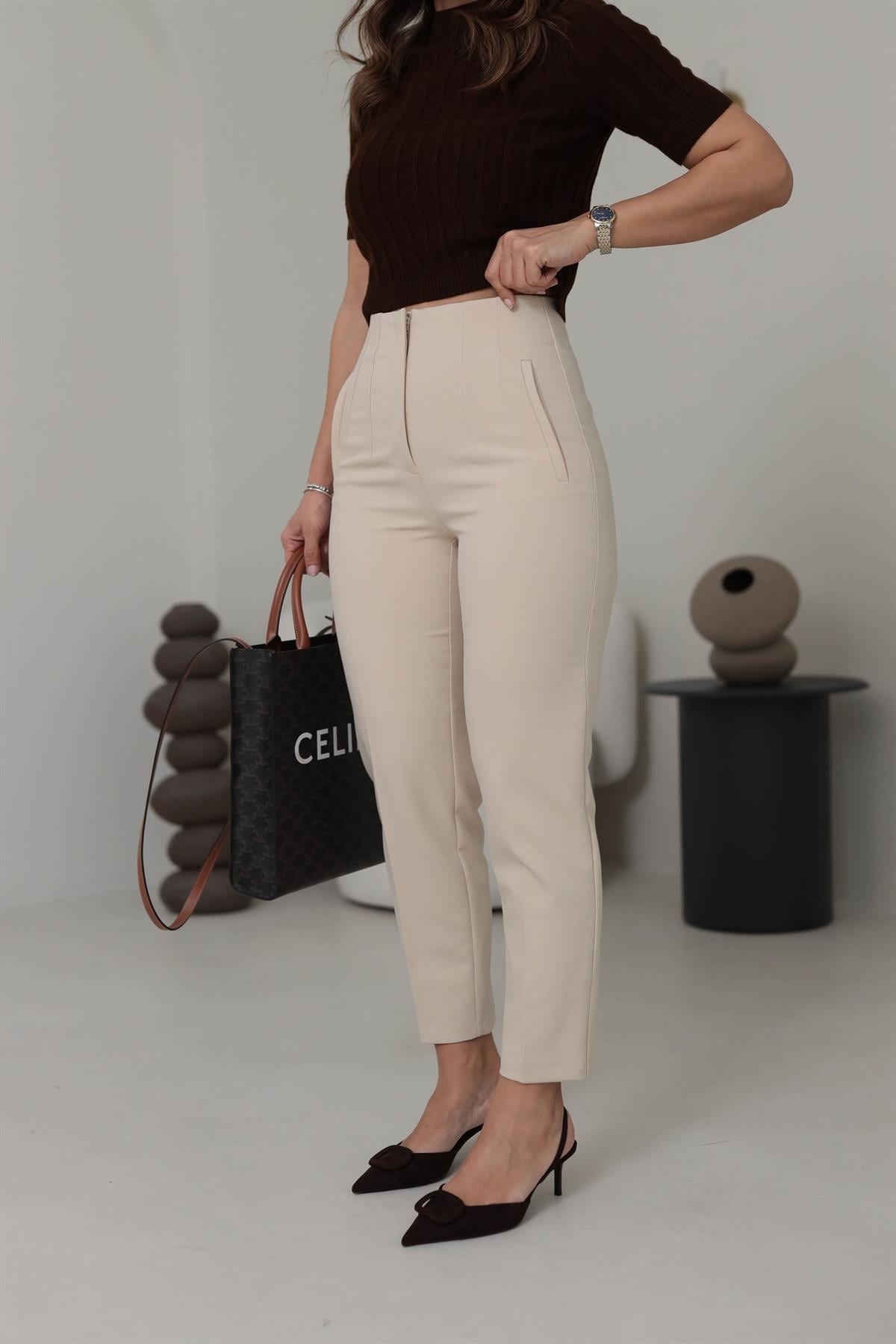 U5113-K Önü Flotalı Kumaş Pantolon AÇIK BEJ