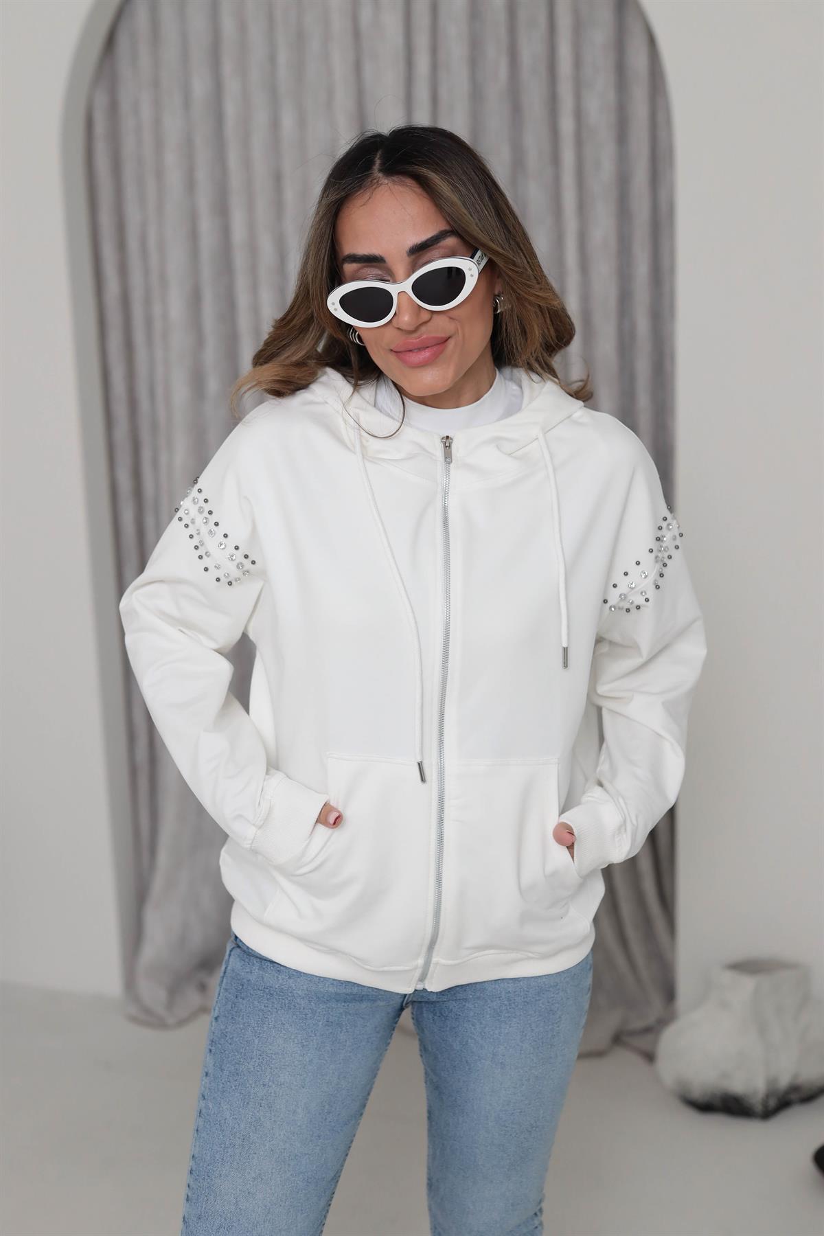 5294 Fermuarlı Kolları Taşlı Kapşonlu Sweatshirt EKRU
