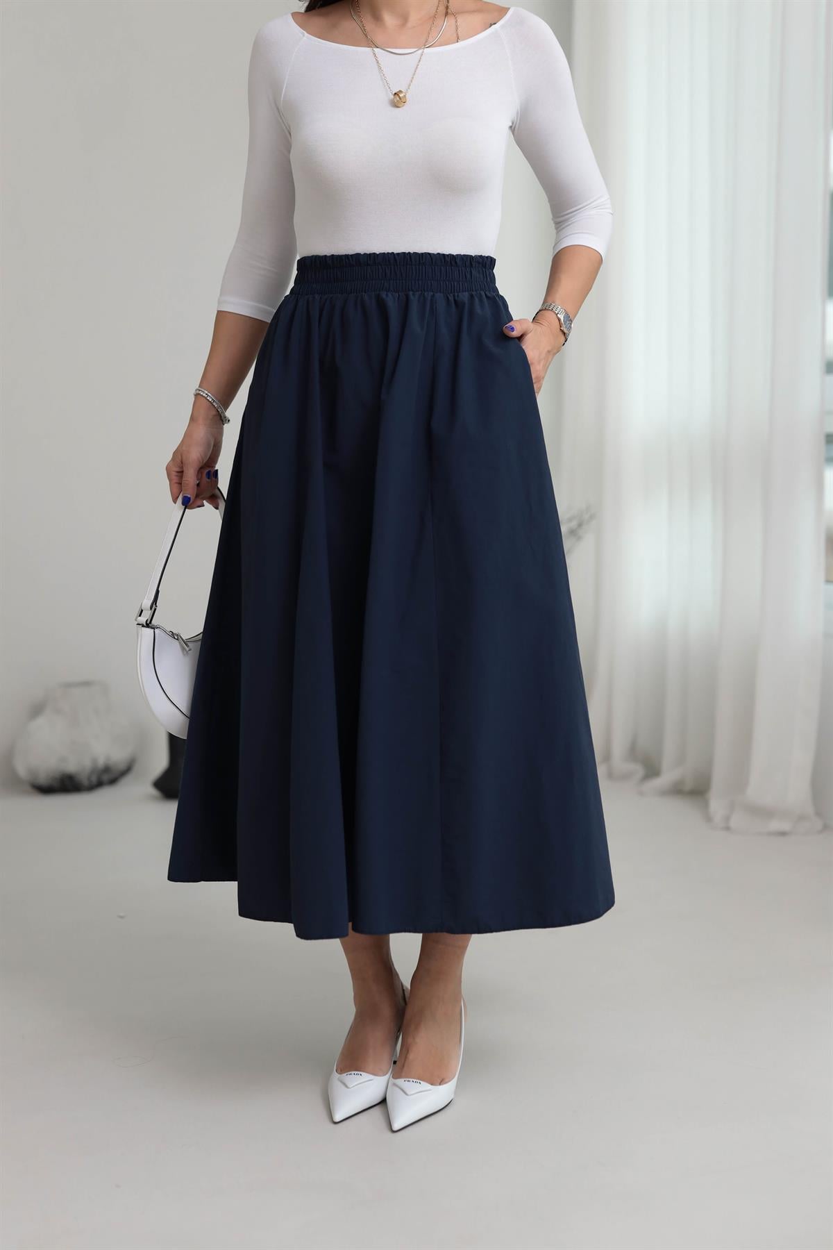 7884 Bel Lastikli Cep Detaylı Parçalı Midi Etek LACİVERT