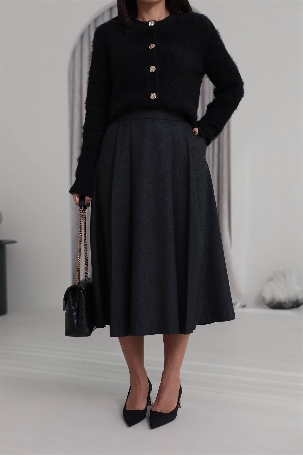 5152 Geniş Pileli Midi Etek ANTRASİT