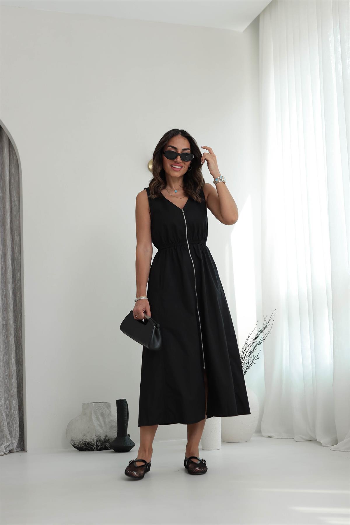 4864 Bel Lastikli Fermuarlı Poplin Elbise SİYAH