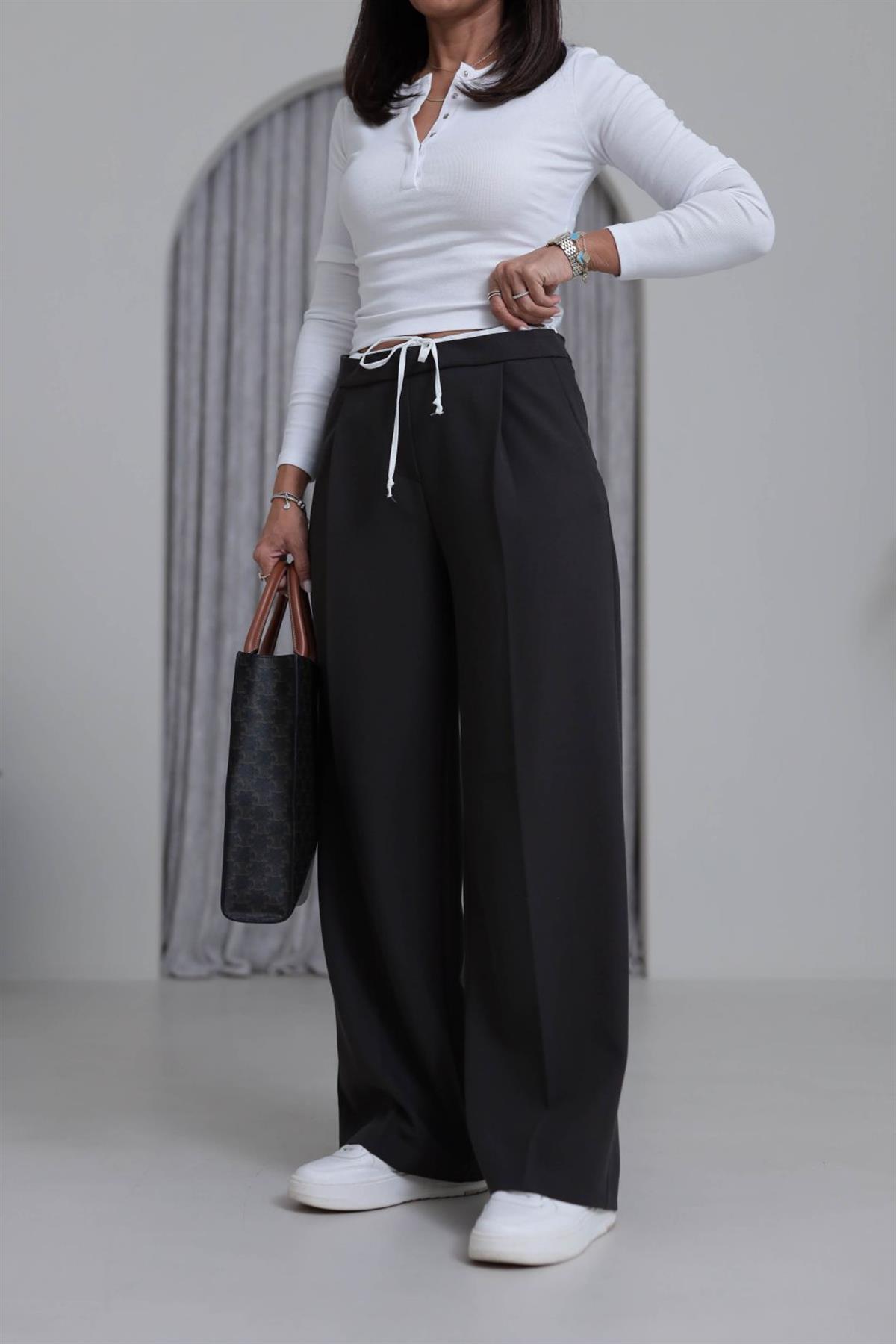 5179 Bel Detaylı Bağcıklı Kumaş Pantolon KAHVE