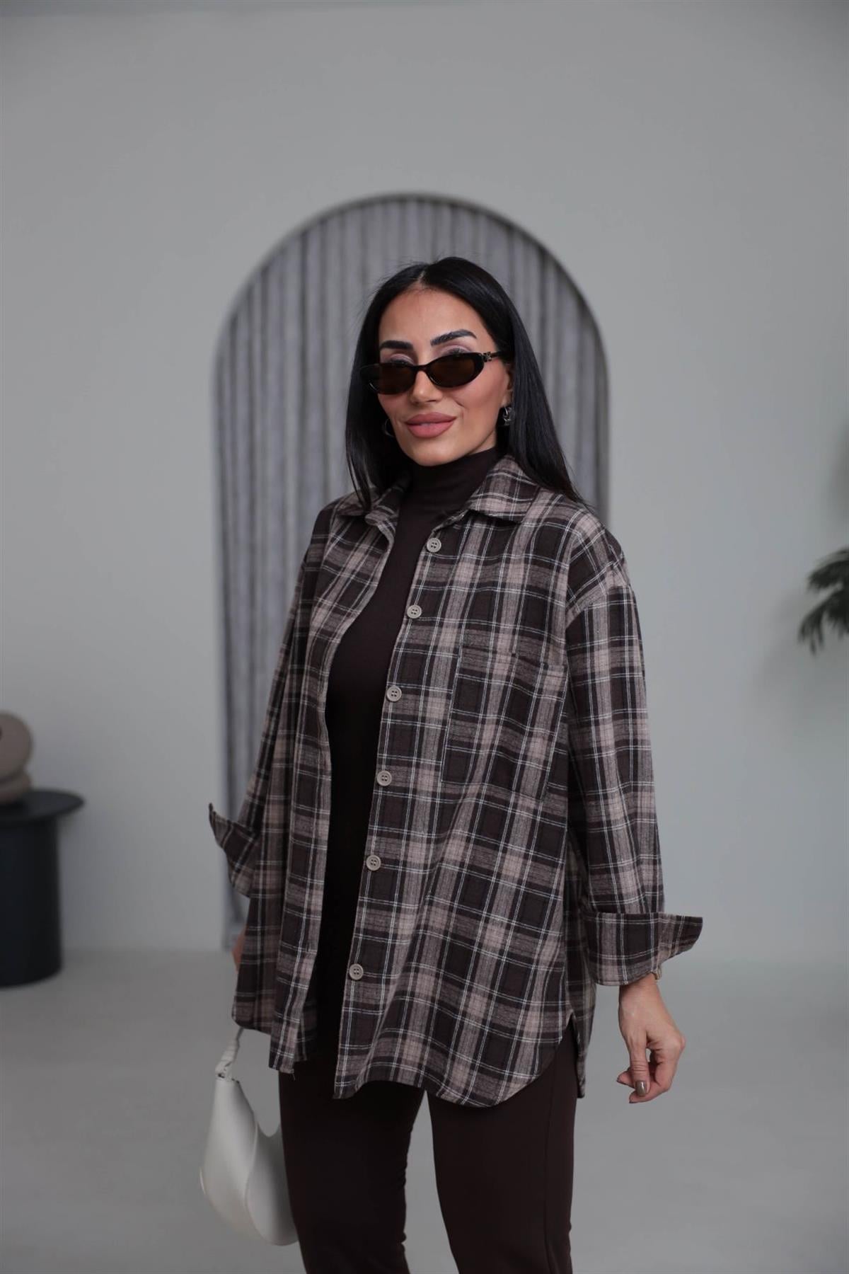 513 Ekose Desen Yünlü Rahat Gömlek KAHVE