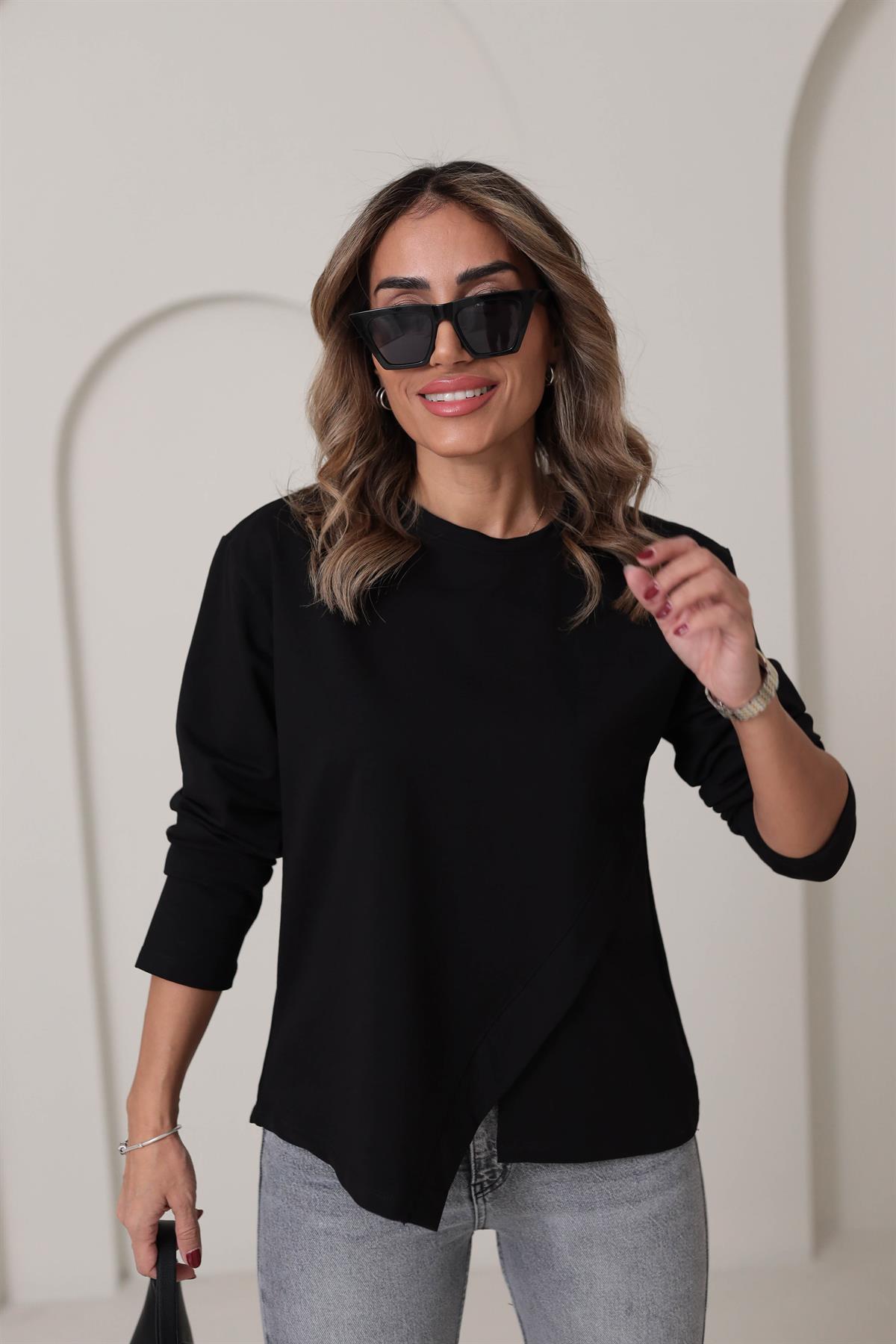 9076 Asimetrik Ön Dikiş Detaylı Sweatshirt SİYAH