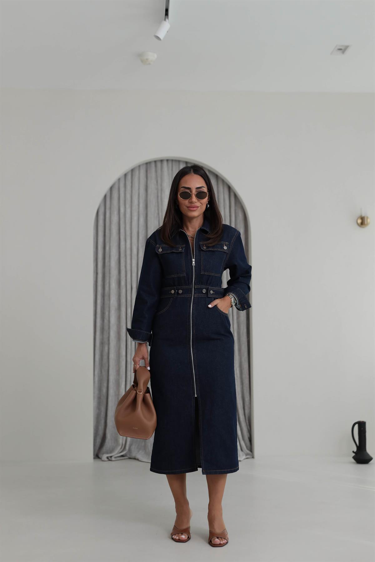 9279 Bel Gipeli Cep Detaylı Fermuarlı Jean Elbise LACİVERT