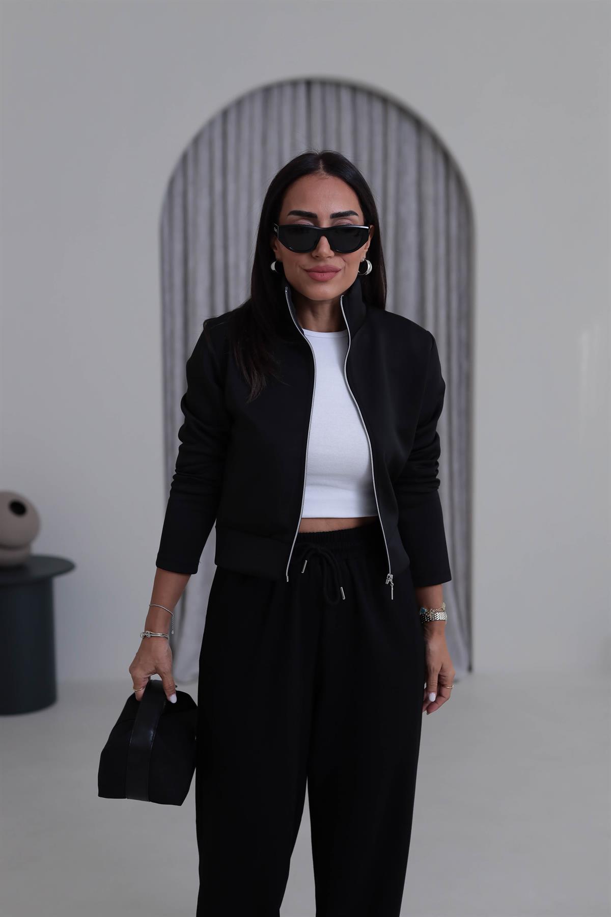 7013K Fermuarlı Scuba Kısa Ceket SİYAH