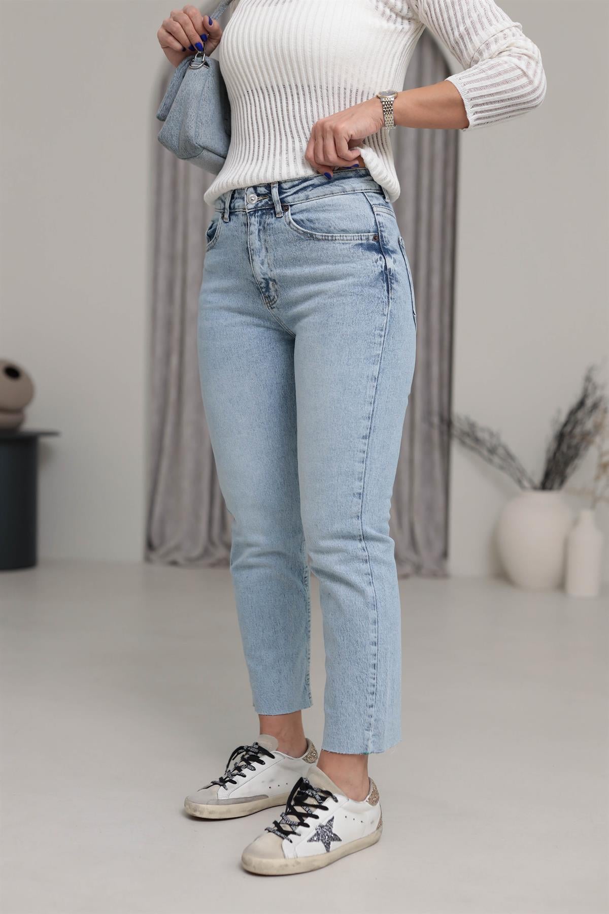 ZA Lazer Kesikli Boyfit Jean BUZ MAVİ