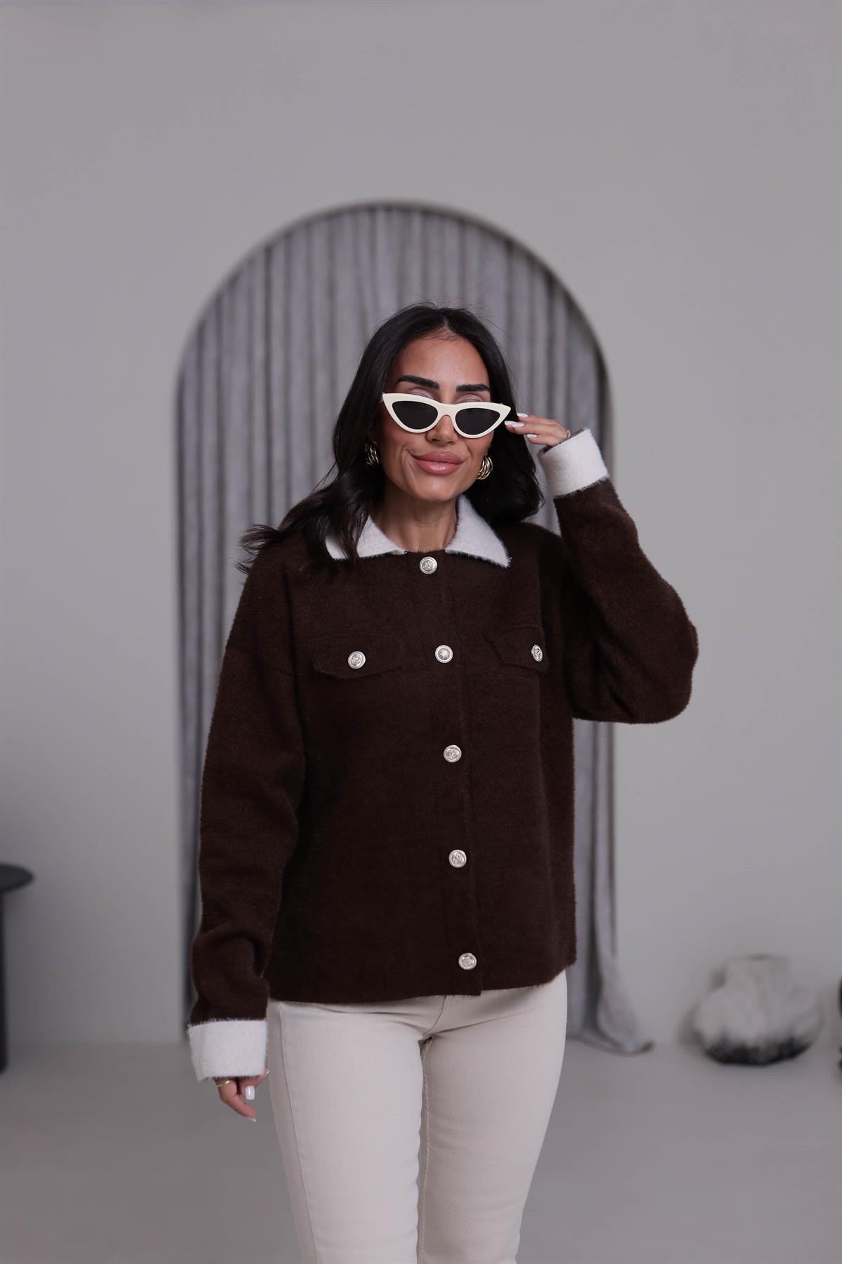 5259 Kontrastlı Polo Yaka Angora Ceket Hırka KAHVE