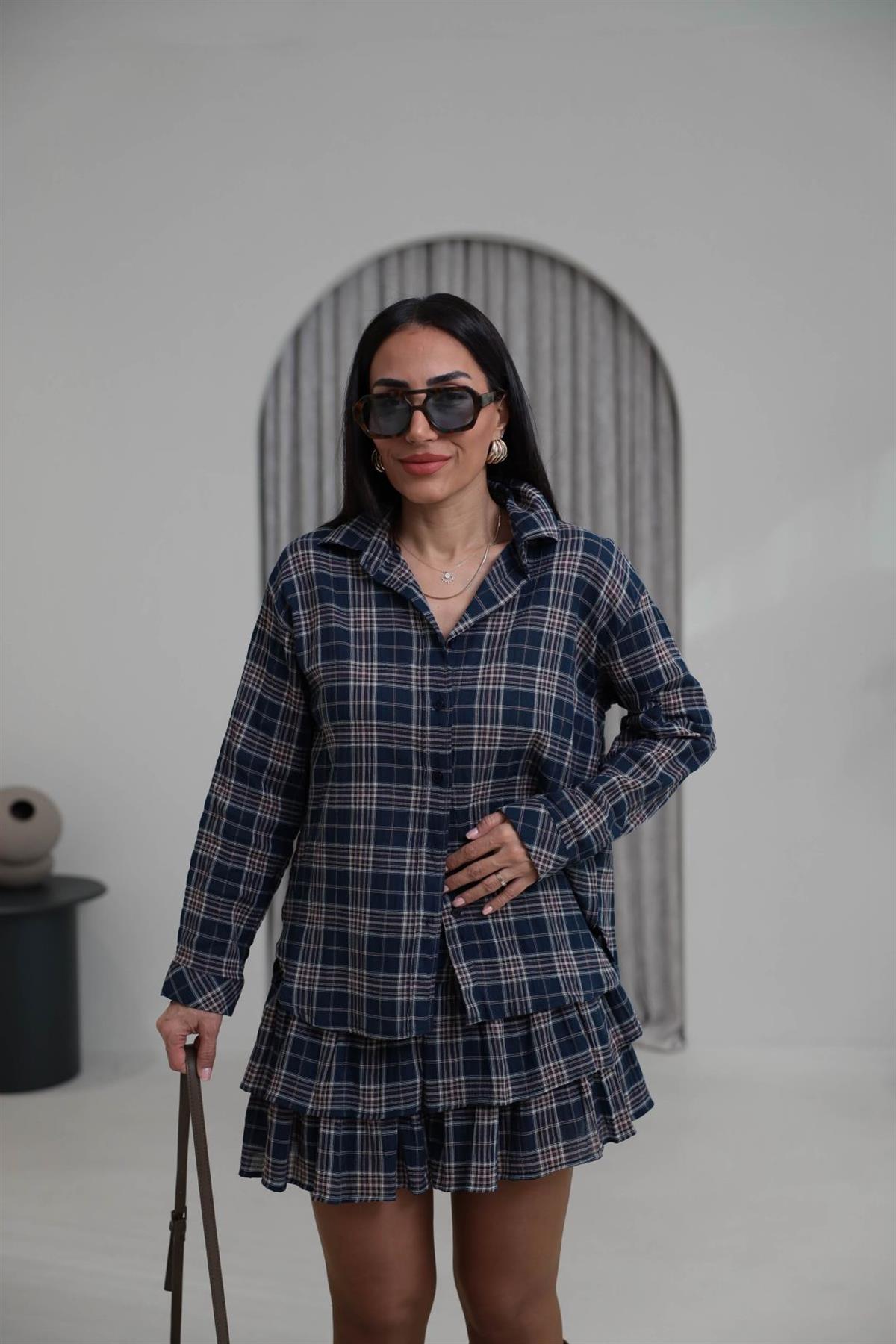 3218 Ekose Desenli Gömlekli Etek Takım LACİVERT