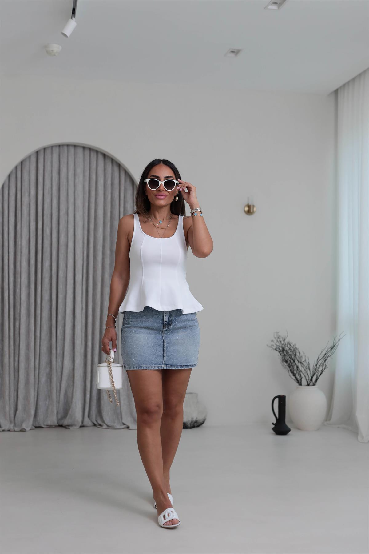 Taşlı Mini Kot Etek MAVİ