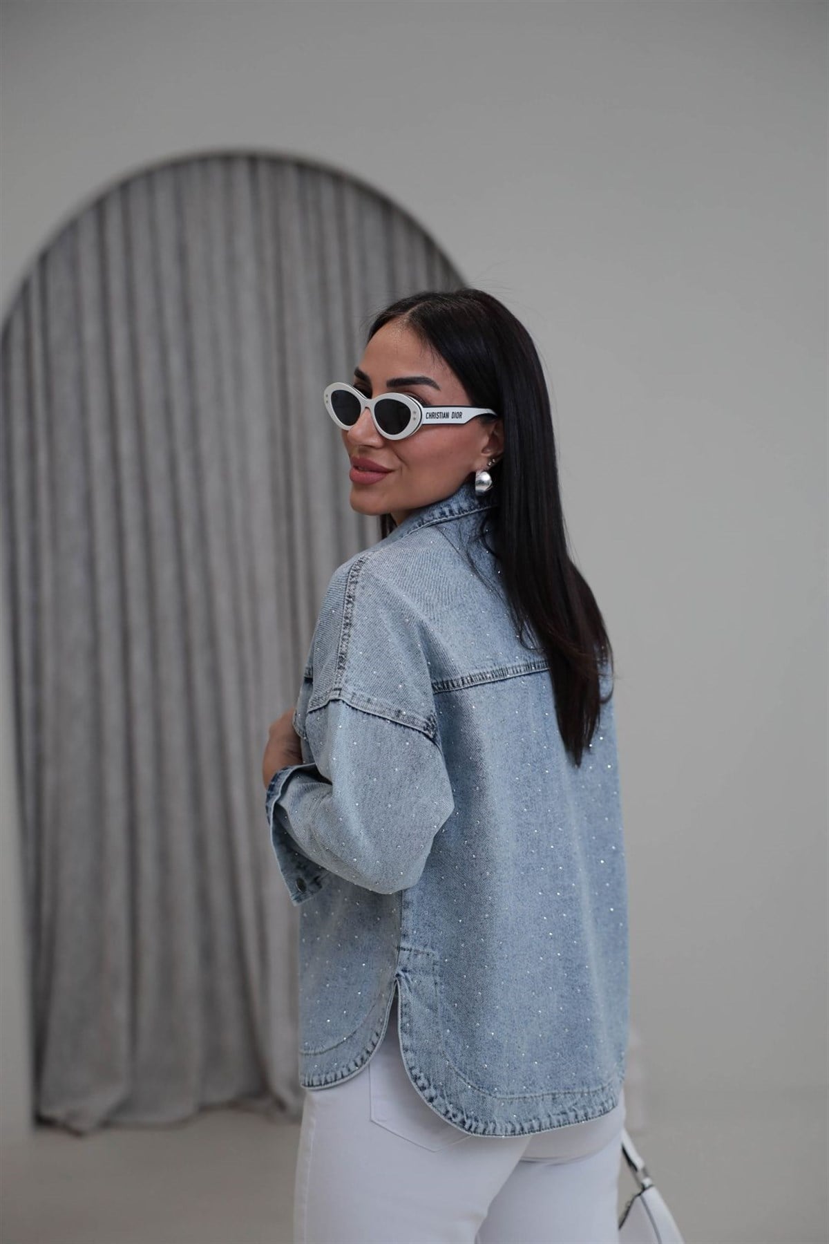 3406 Yıkamalı Serpme Taşlı Gömlek Ceket AÇIK MAVİ