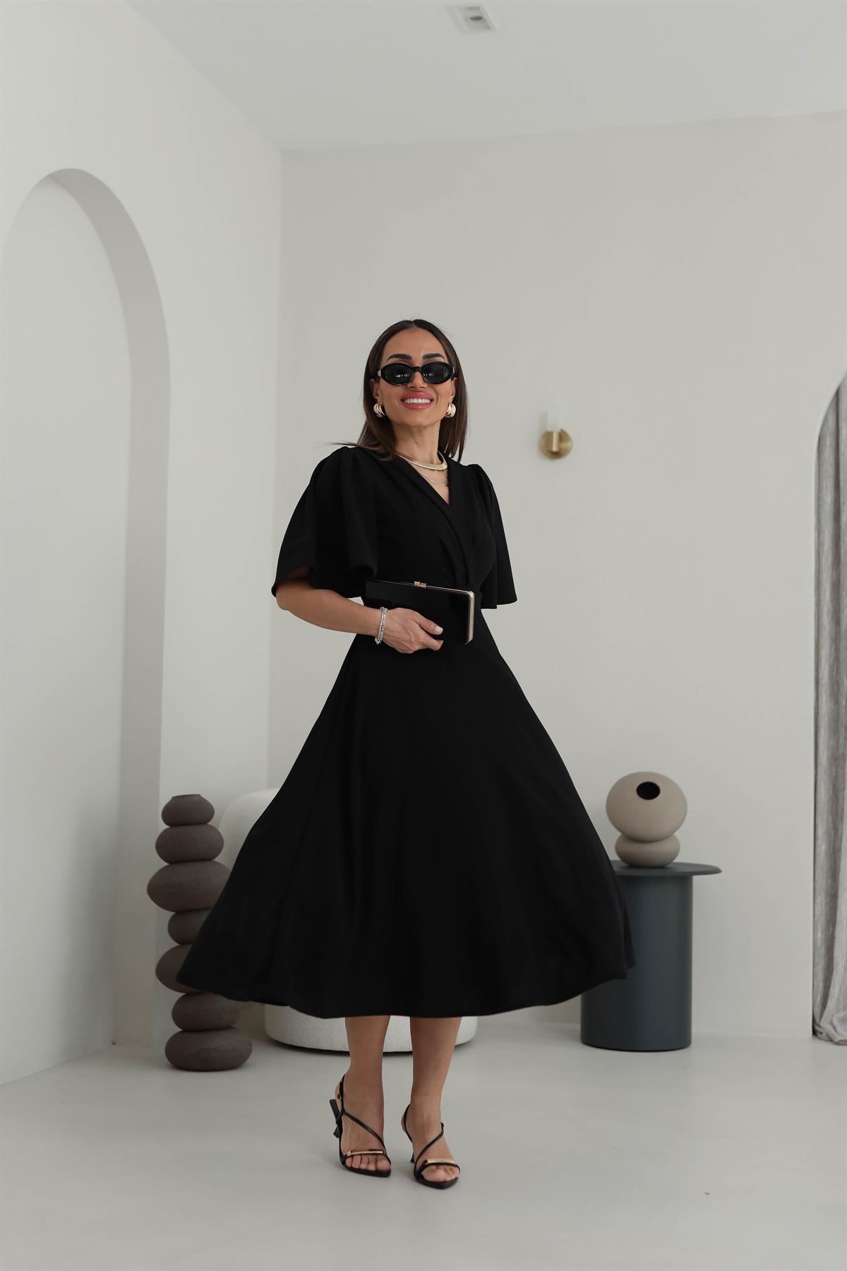 3707 Kol Volanlı Krvaze Yaka Midi Boy Elbise SİYAH