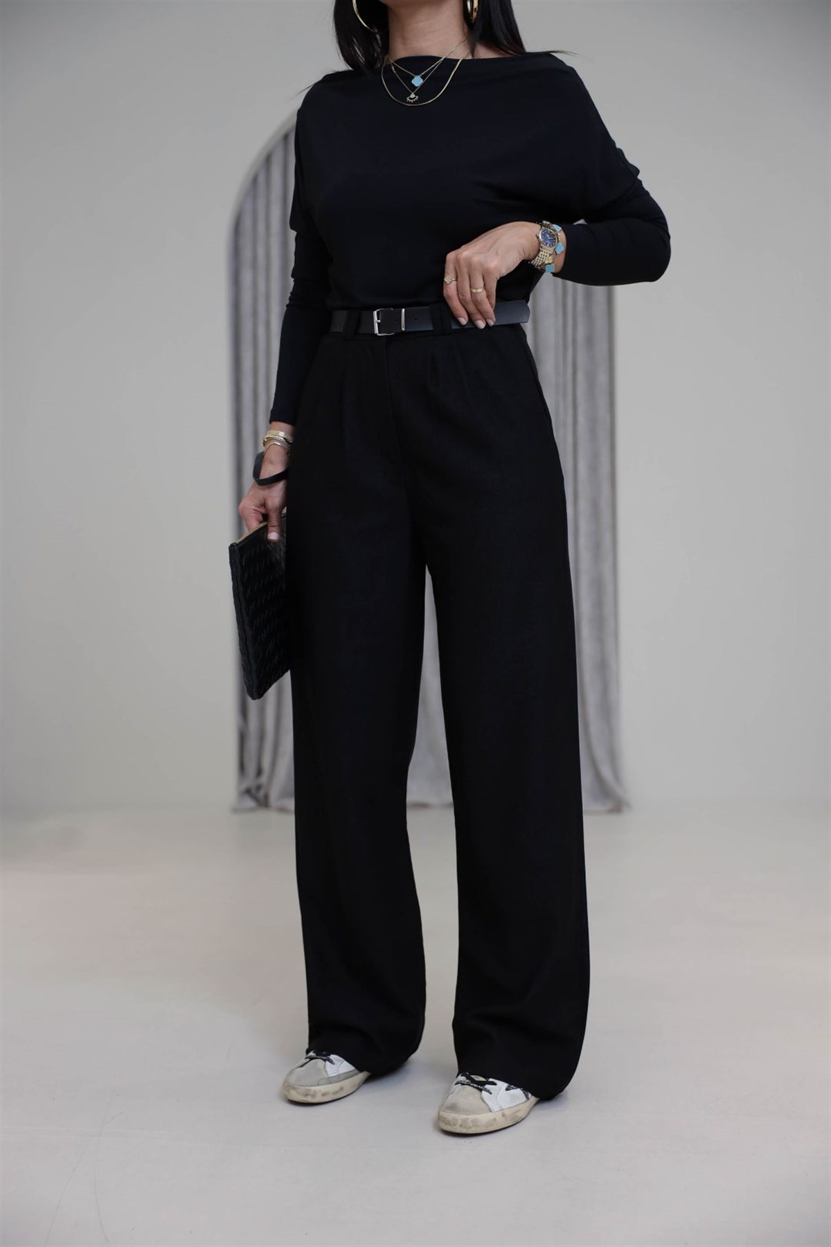 3290 Kemerli Fitilli Kumaş Palazzo Pantolon SİYAH