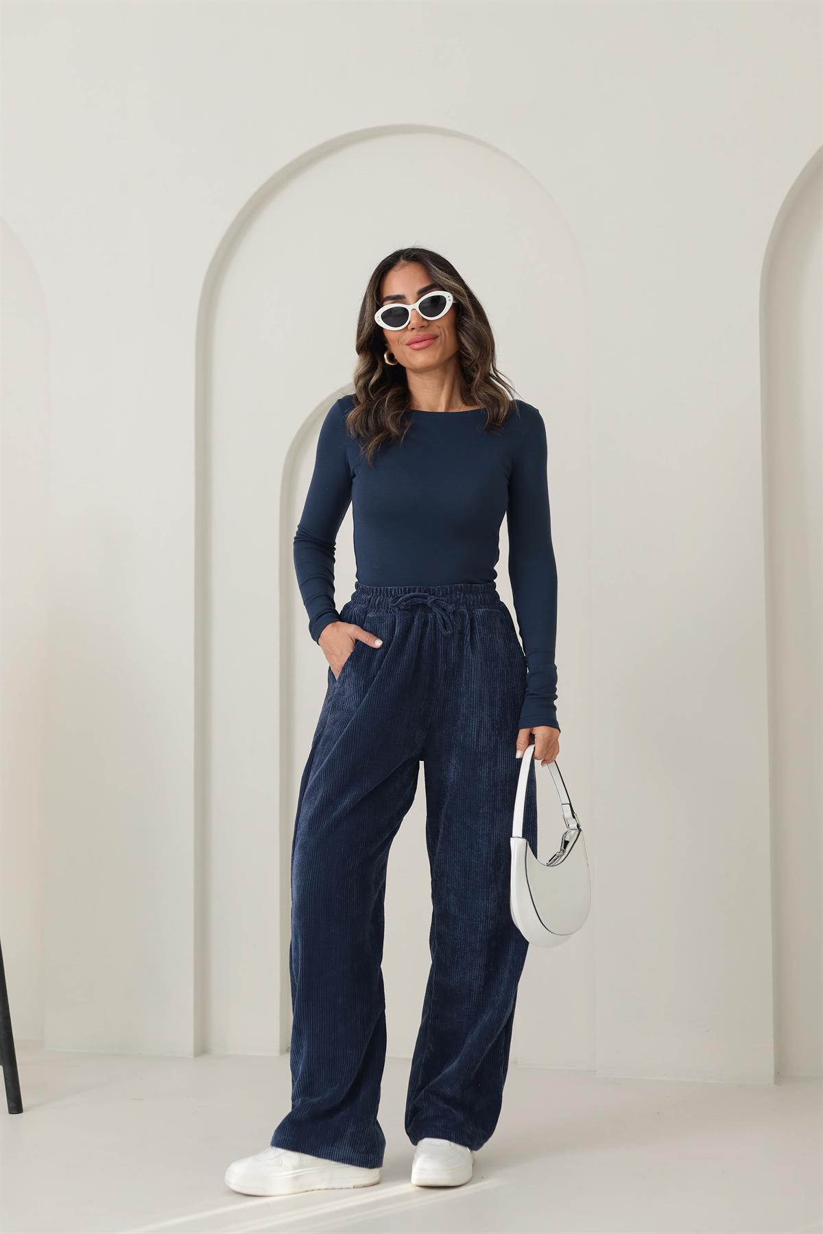 1211 Bol Kalıp Bel Lastikli Kadife Pantolon LACİVERT