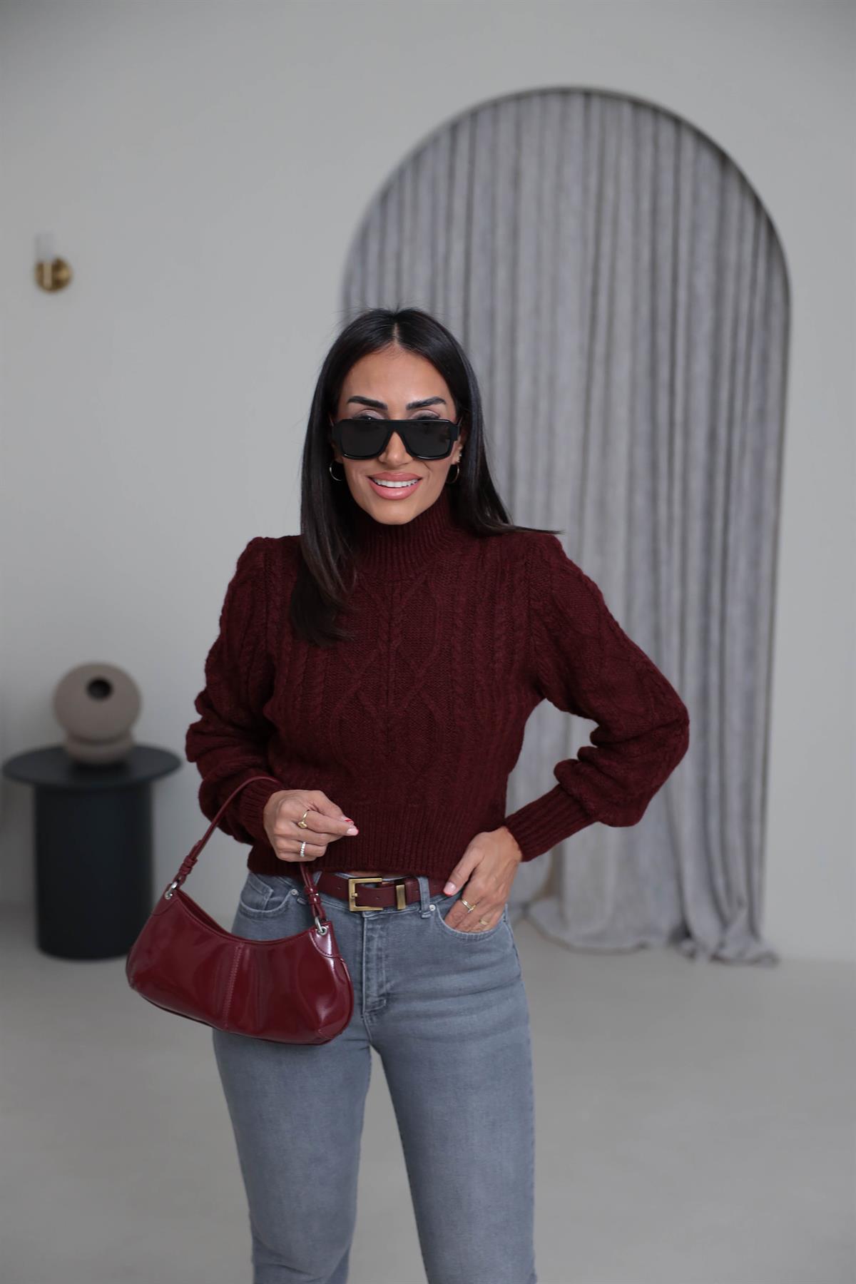 2549 Balıkçı Yaka Örgü Desen Kazak BORDO