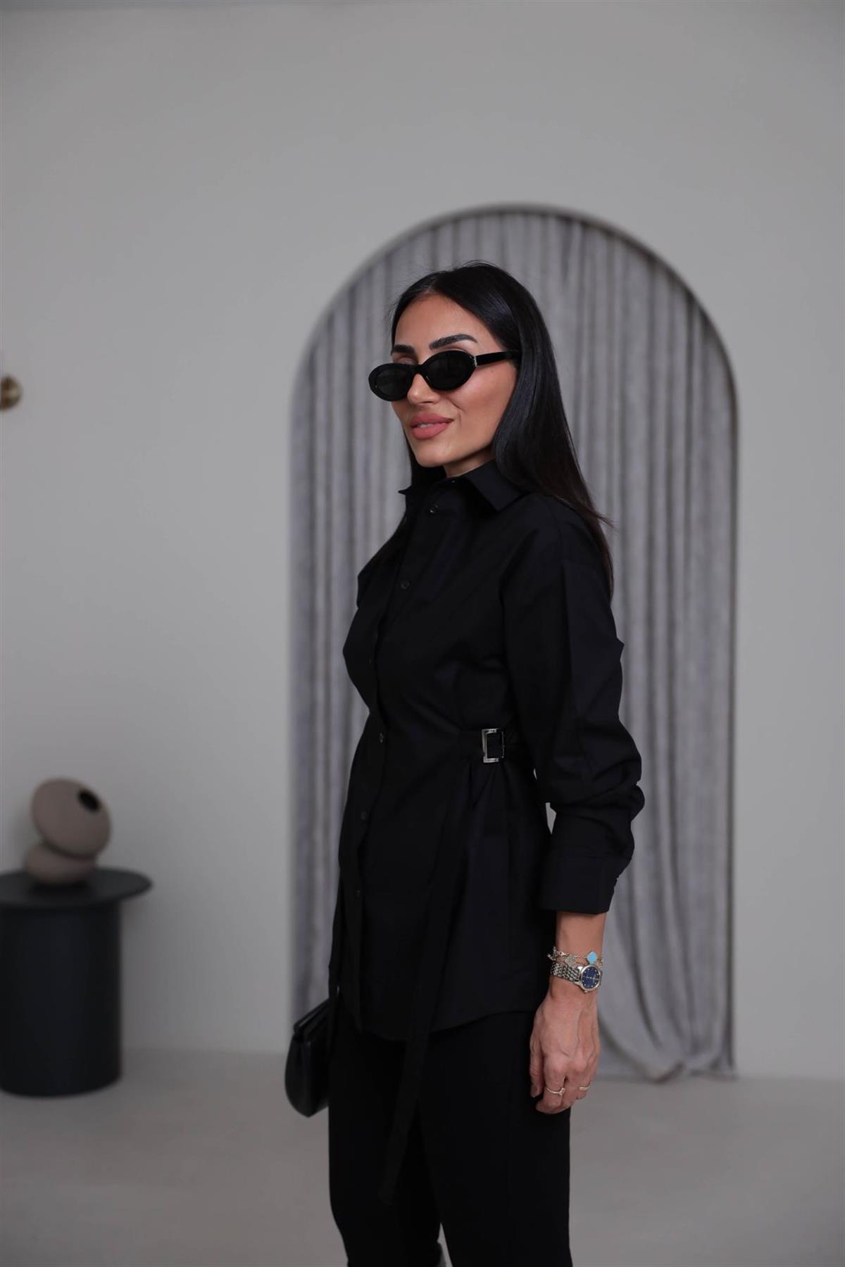 7176 Beli Kemer Detaylı Gömlek SİYAH