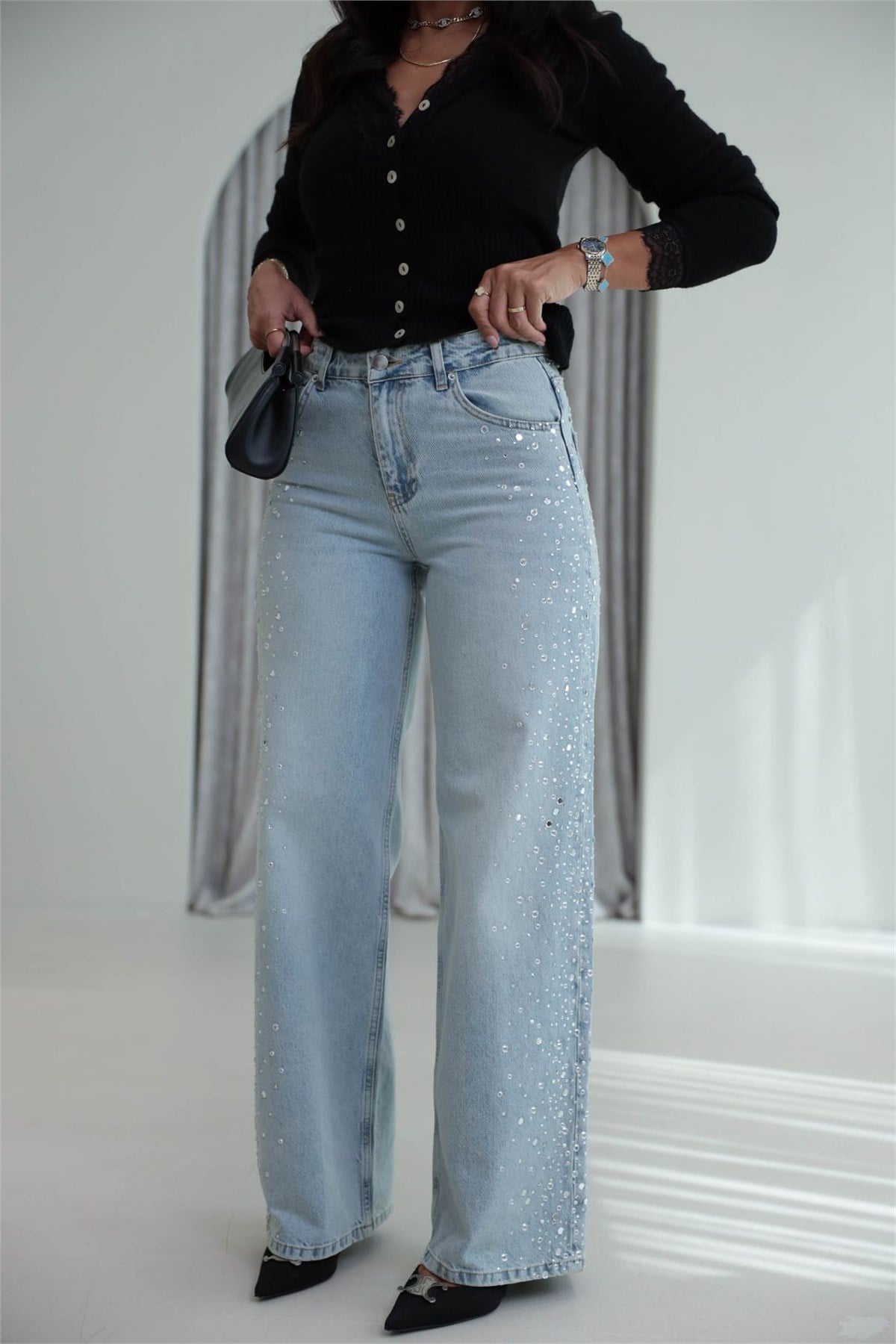 9119 Taş işlemeli Wide Leg jean AÇIK MAVİ