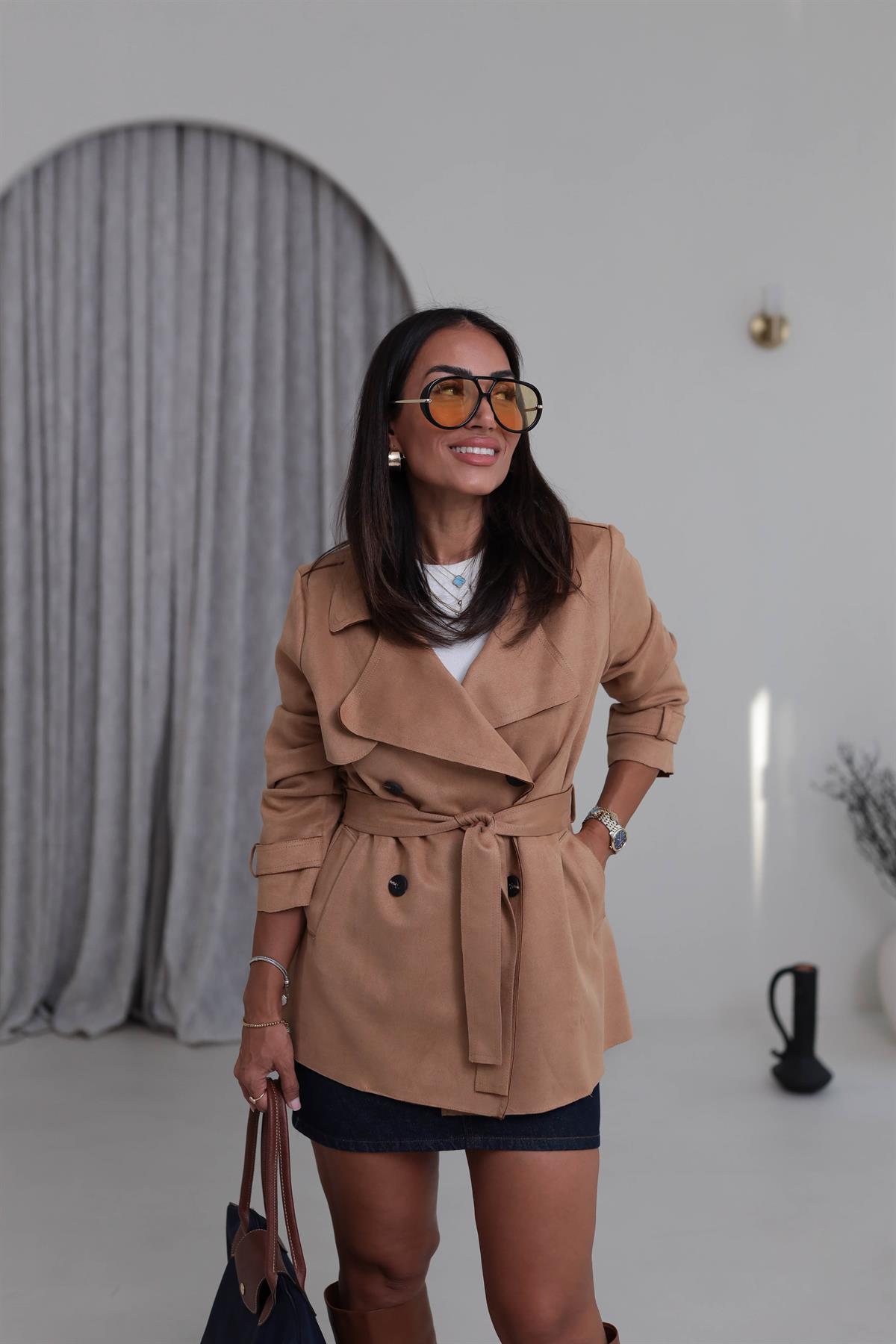 6266 Süet Bel Kuşaklı Midi Trençkot CAMEL