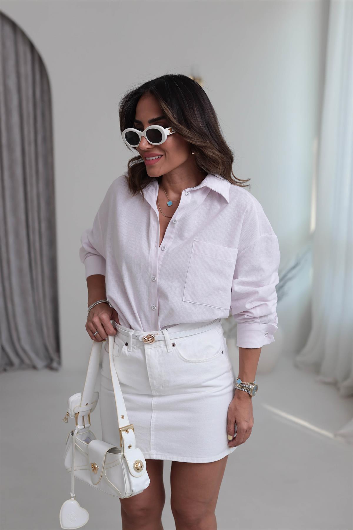 4939 Çizgili Oversize Kol Katlamalı Gömlek PEMBE