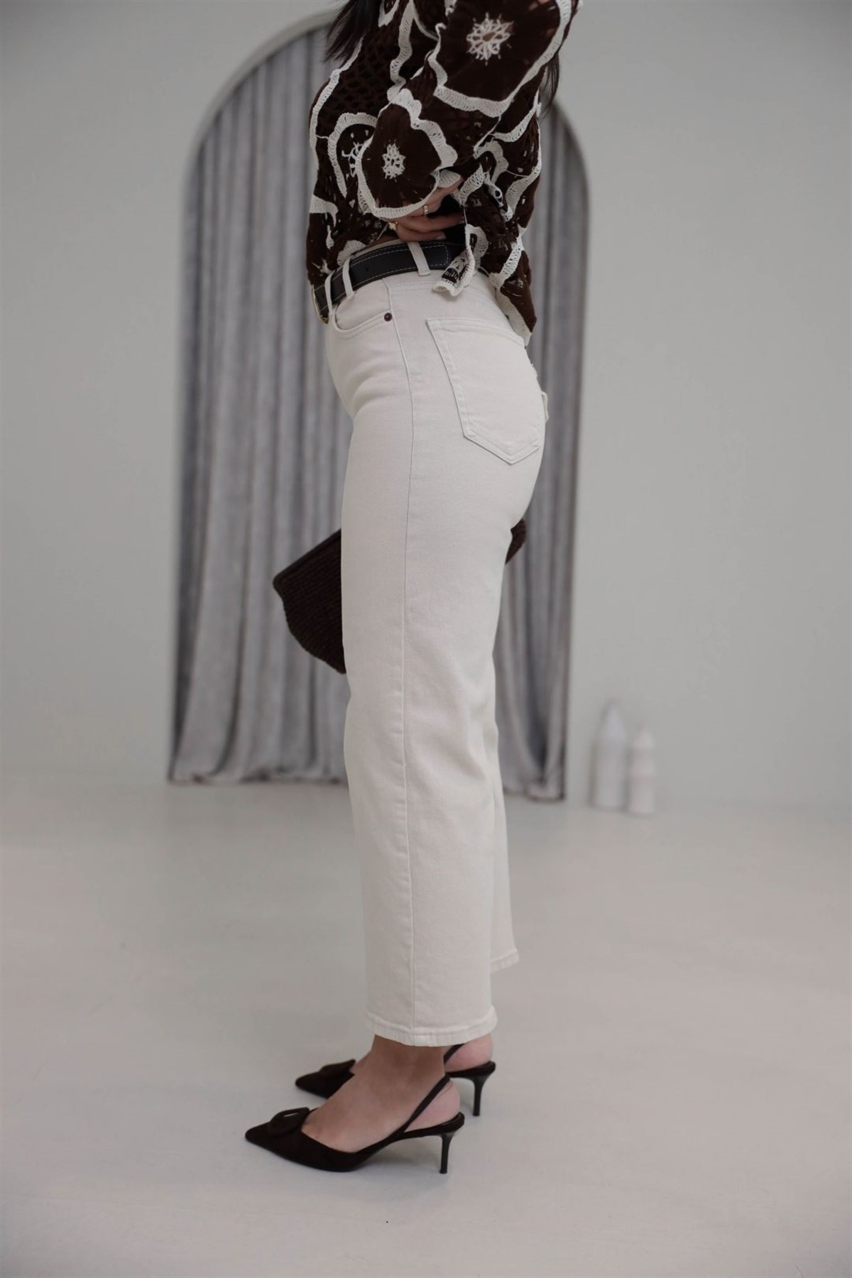 Kemerli Yüksek Bel Culotte Jean BEJ