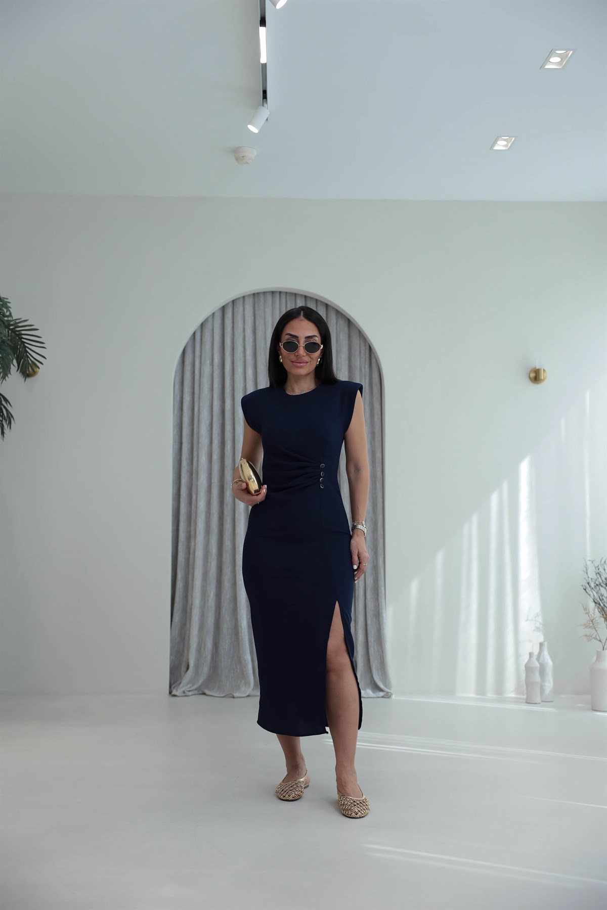 3870 Sıfır Kol Vatkalı Drapeli Elbise LACİVERT