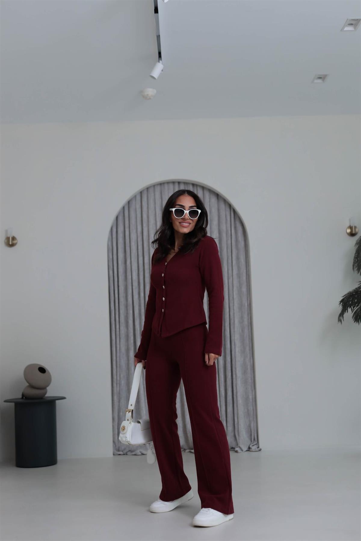 Gold Düğmeli V Yaka Selanik Hırka Takım BORDO