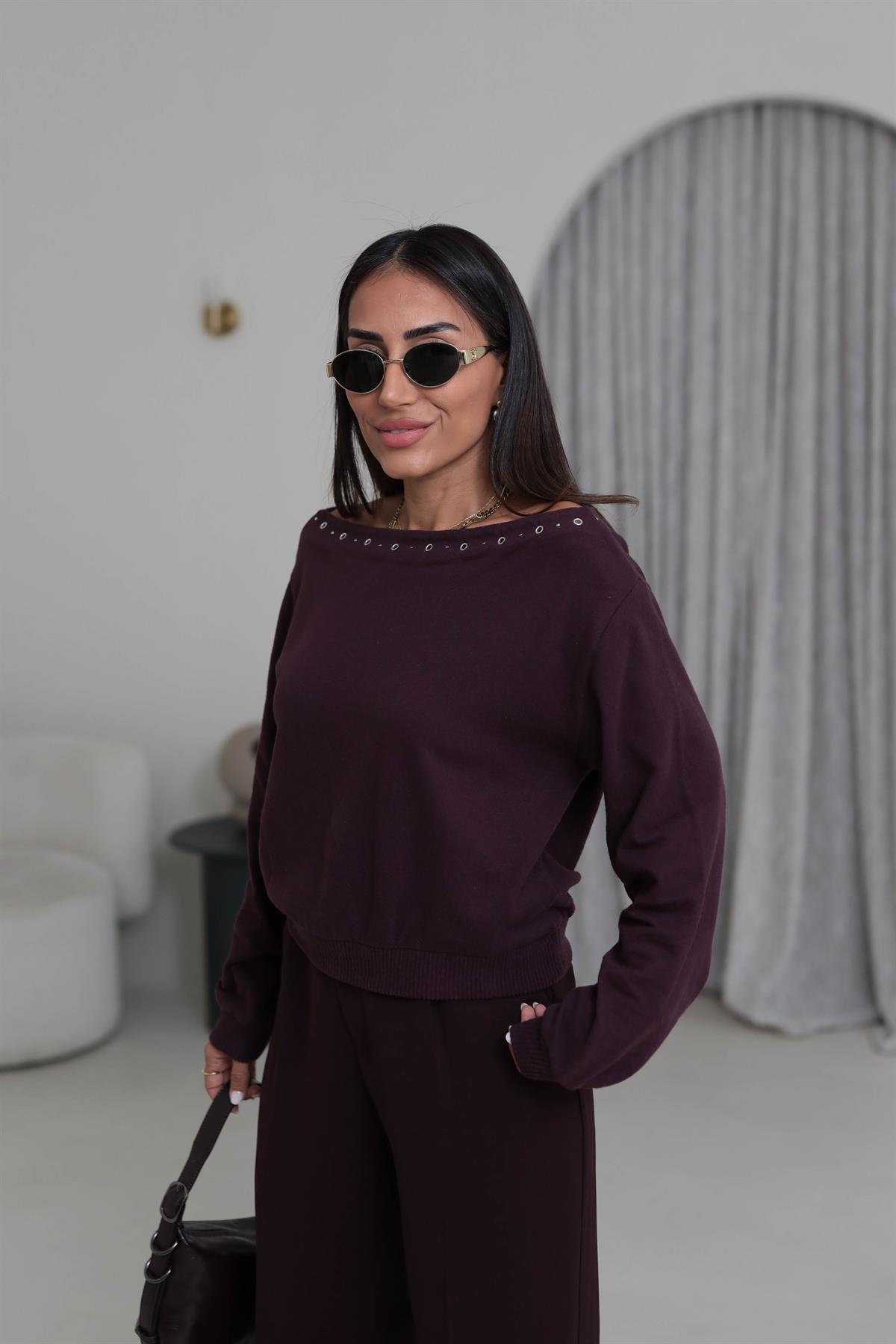 Kayık Yaka Kuşgözü Detay Orj Yumoş Bluz MÜRDÜM