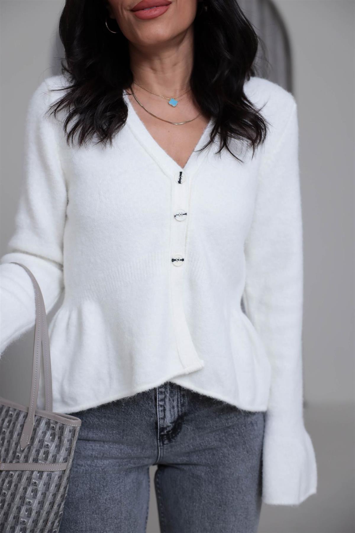 4930 V Yaka İspanyol Kol Peplum Hırka EKRU