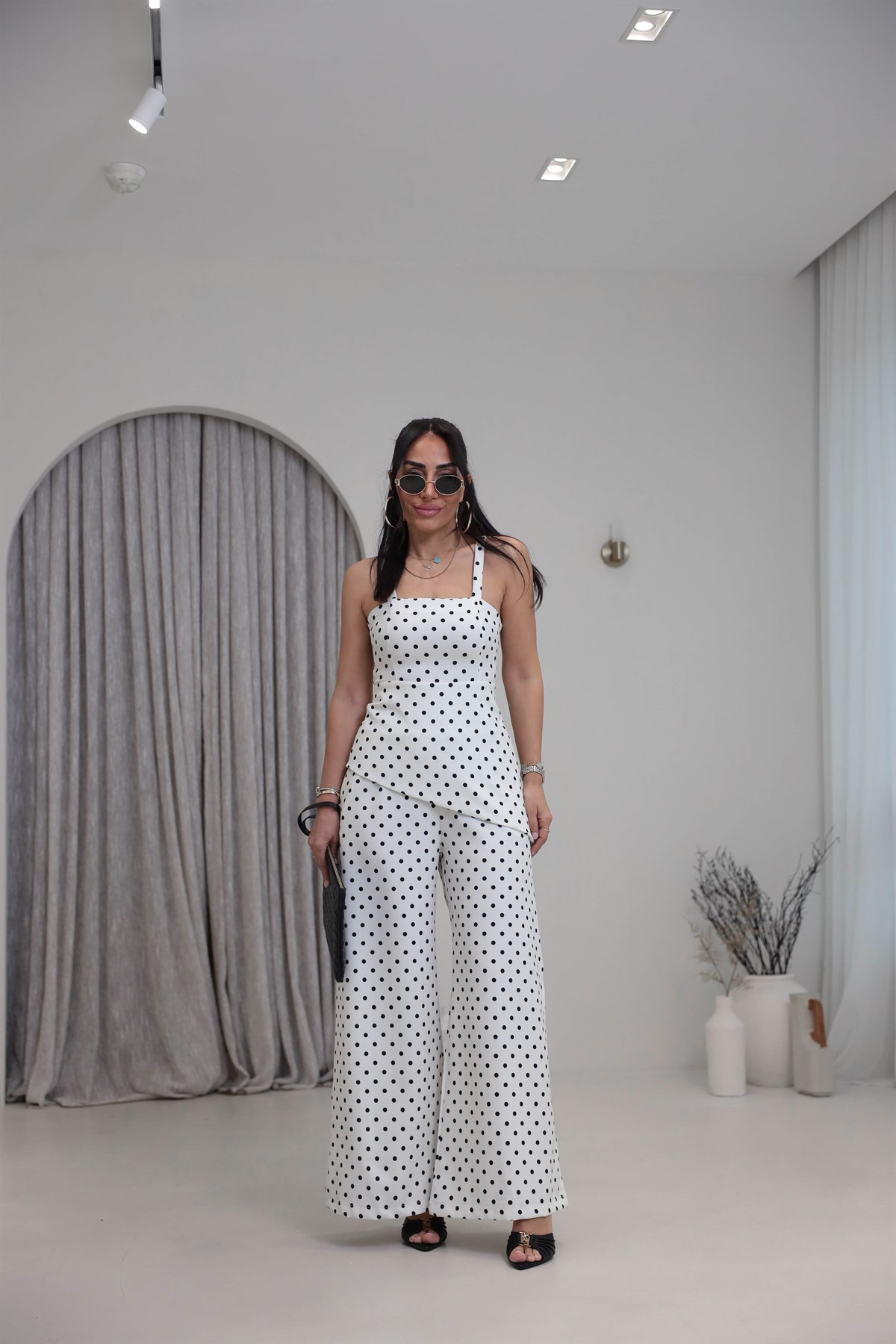 4161 Puantiyeli Askılı Bluz Pantolon Takım EKRU