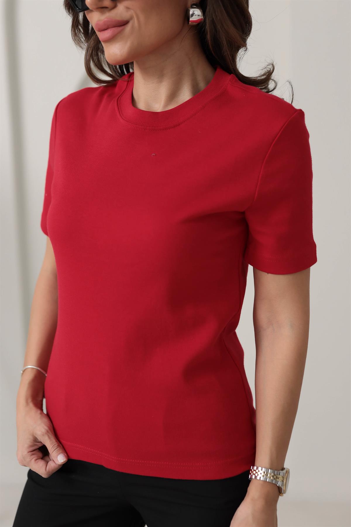 1075 Bisiklet Yaka Pamuklu Basic Tshirt KIRMIZI