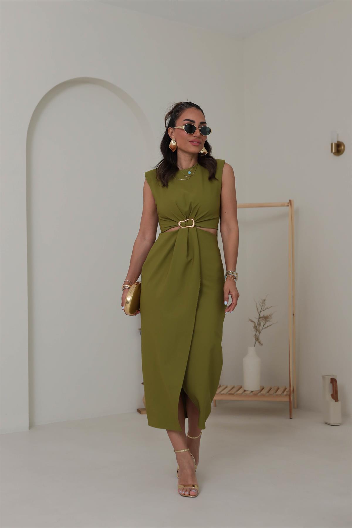 3755 Sıfır Kol  Bel Dekolteli Gold Tokalı Midi Elbise YAĞ YEŞİLİ