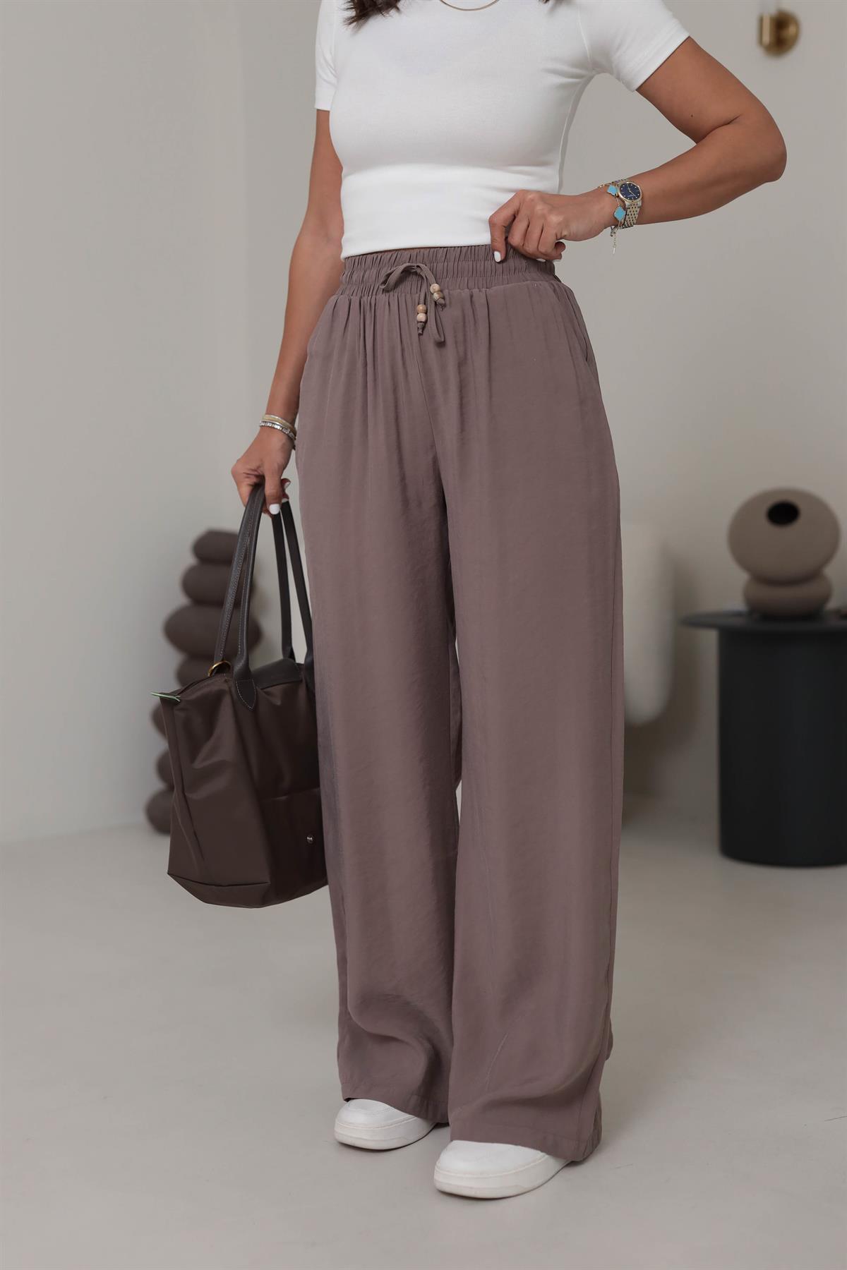0253 Bel Lastikli Tencel Rahat Pantolon KAHVE