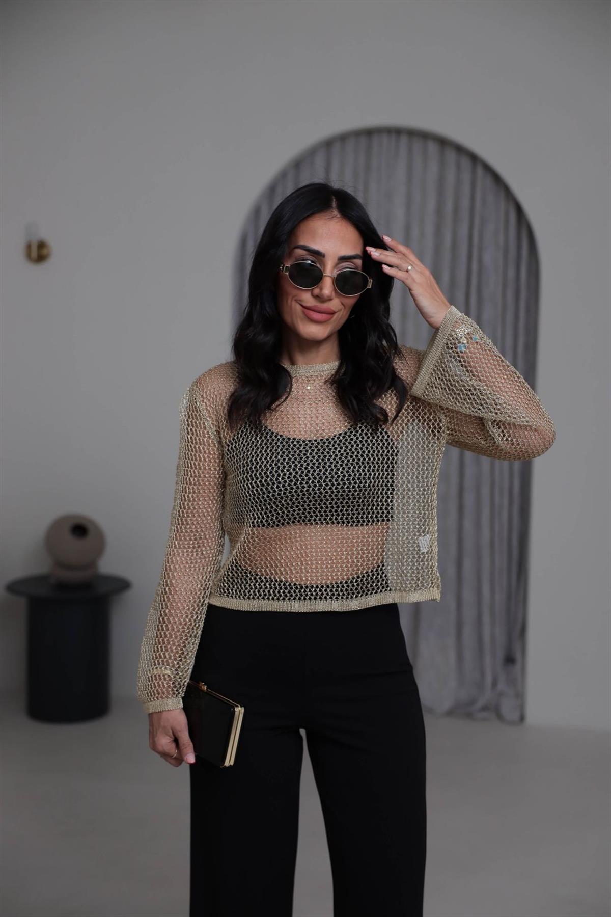 4404 Parlak Simli Ajurlu Kısa Triko GOLD