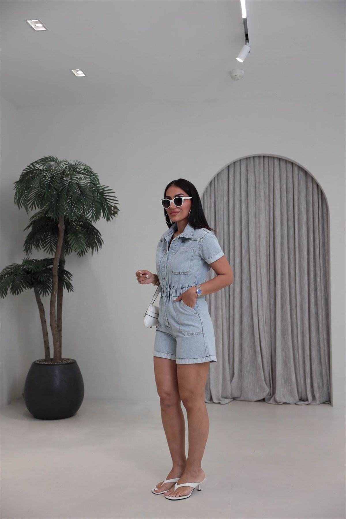 4024y Lastik Detaylı Salopet Tulum BUZ MAVİ