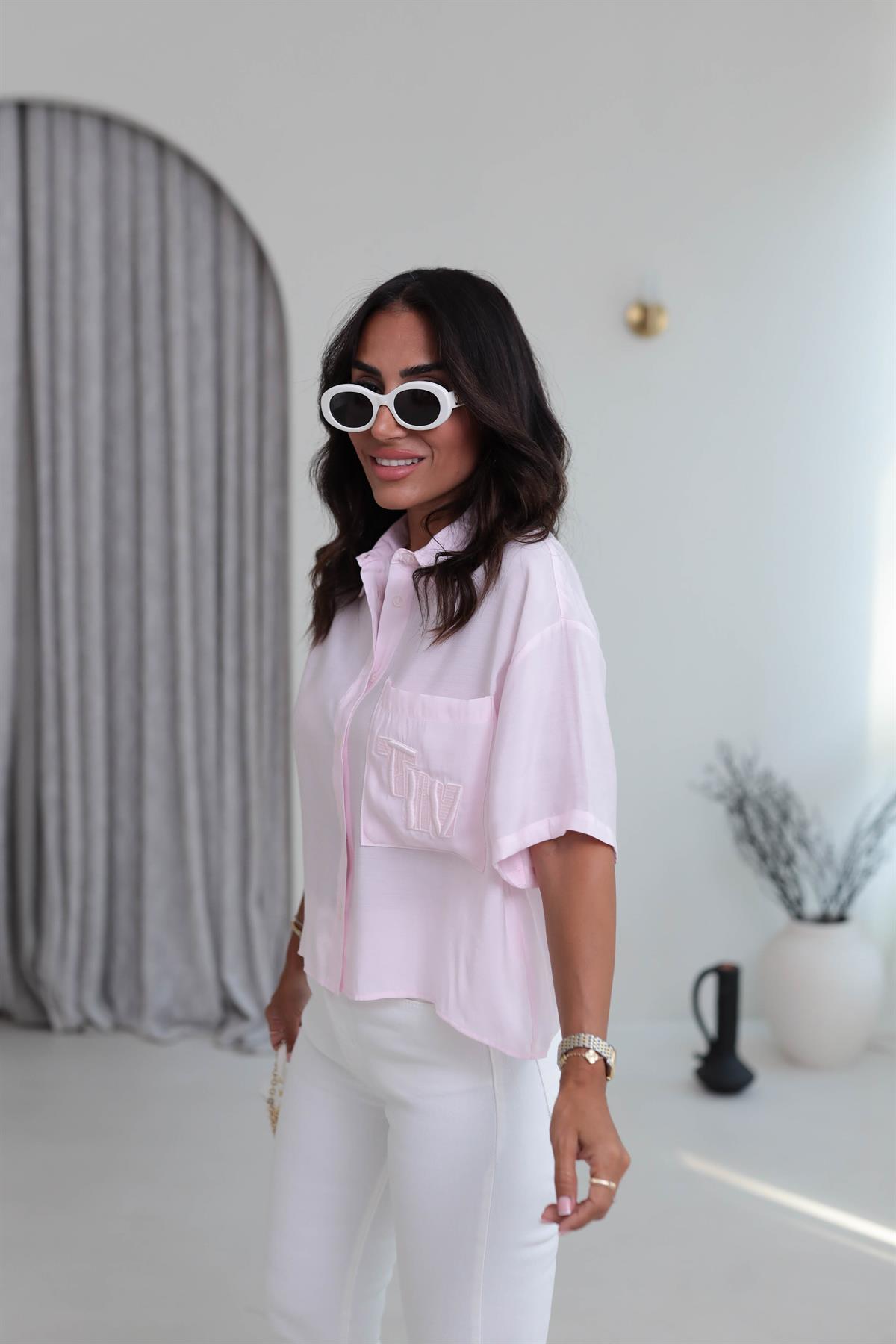 1261 Cep Nakış İşlemeli Tencel Kısa Kol Gömlek PEMBE