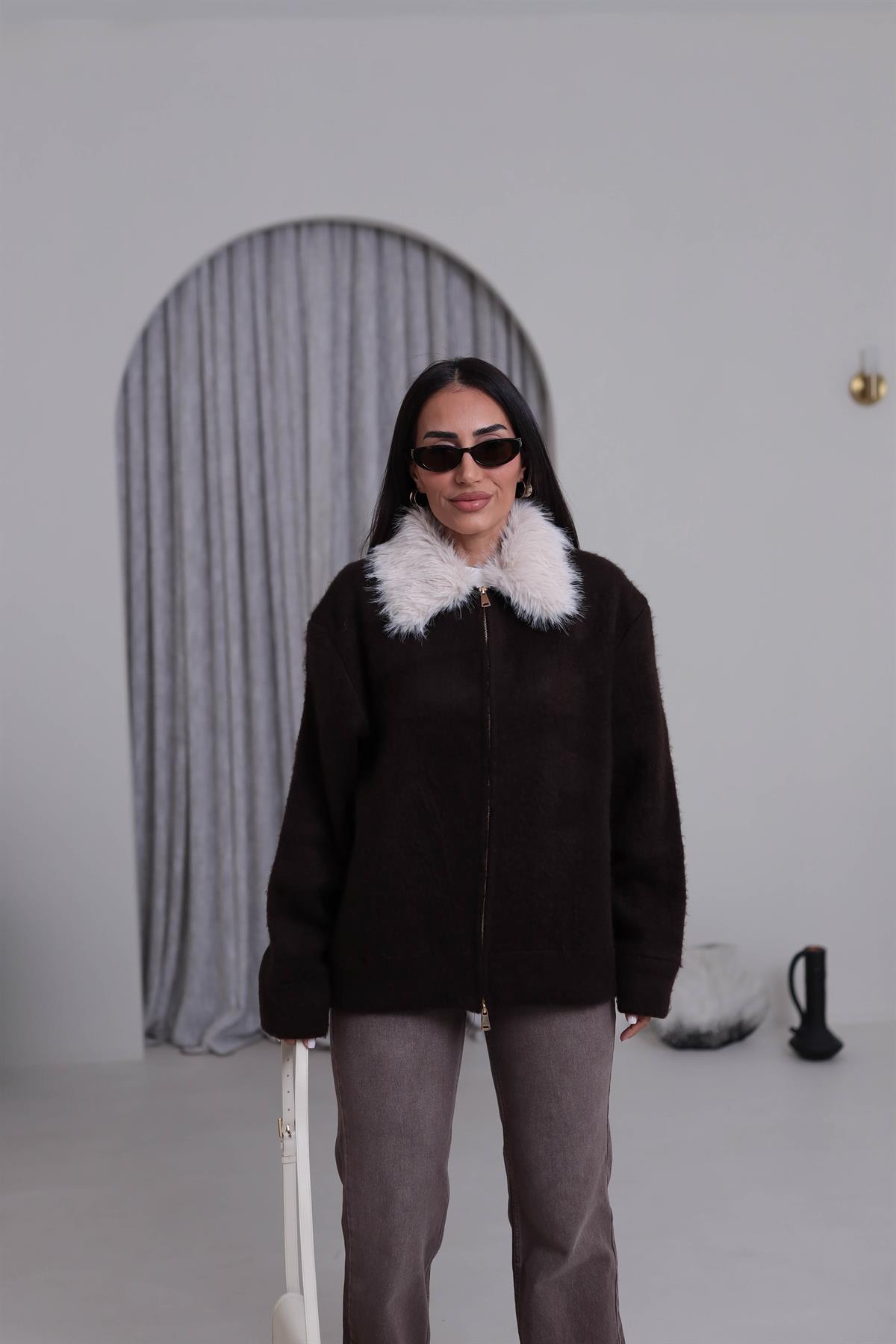 6874 Çıkarılabilir Kürk Yakalı Triko Hırka ACI KAHVE