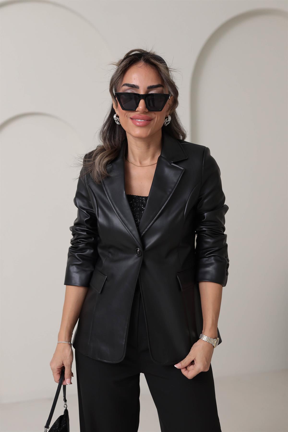 6499 Deri Blazer Ceket SİYAH