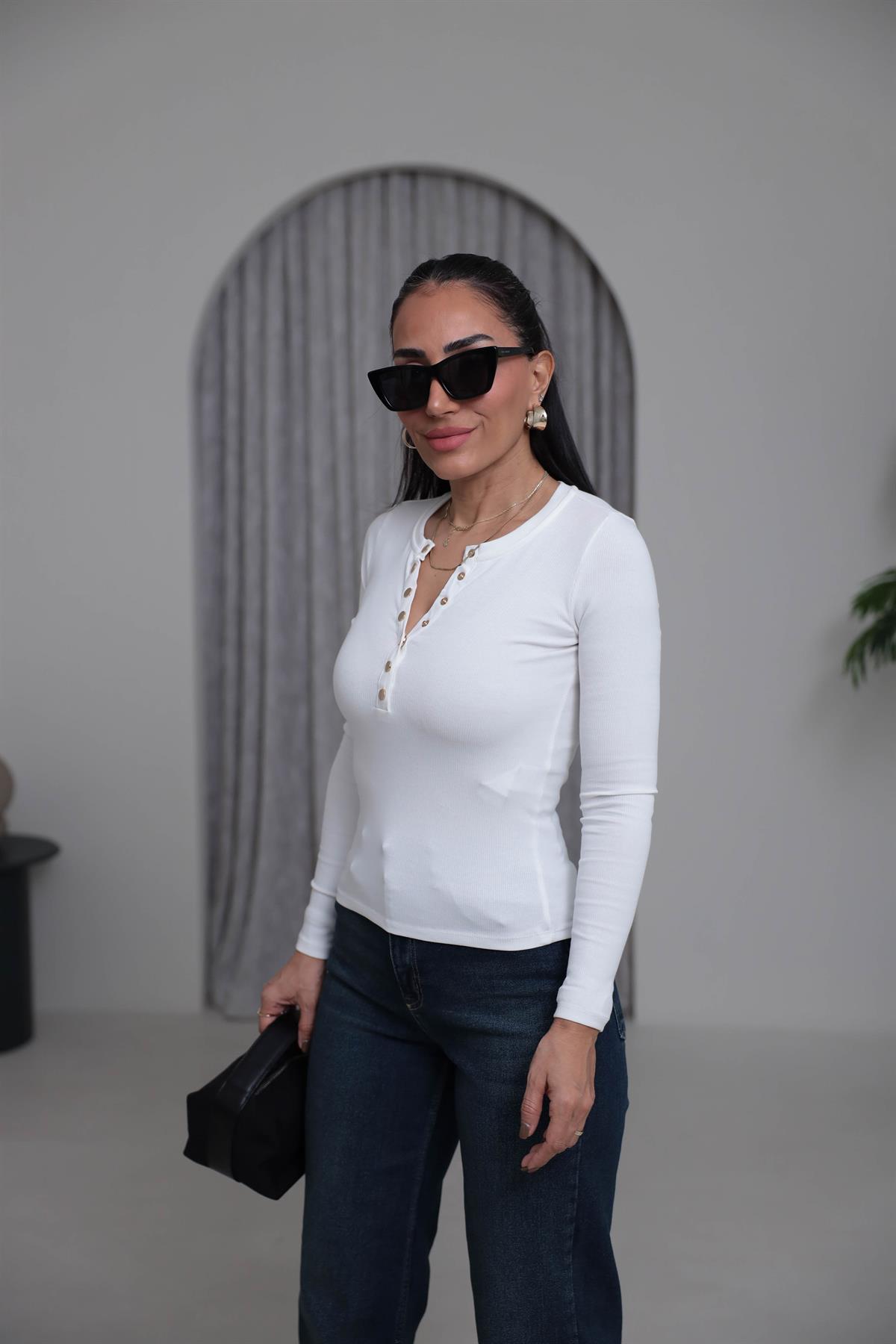 6363K Patlı Gold Düğmeli Pamuklu Bluz EKRU